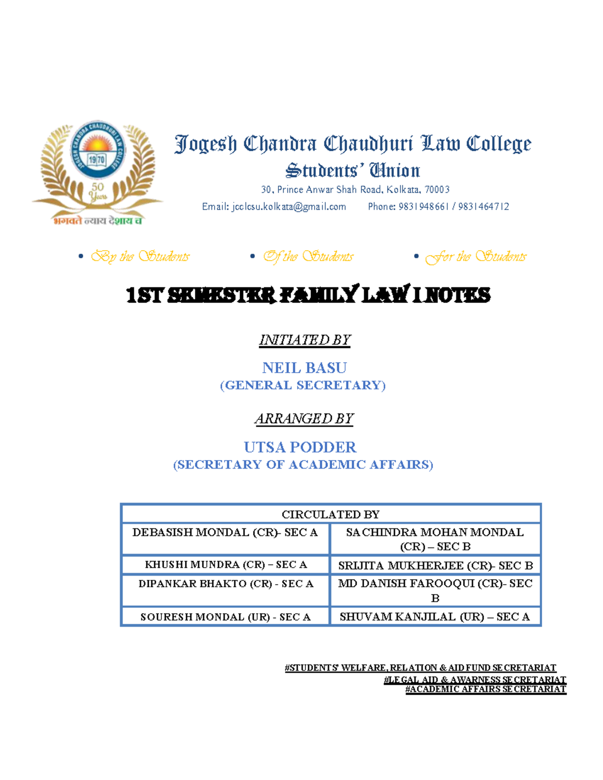 Family LAW I SEM I - Updated - Jogesh Chandra Chaudhuri Law College Students\u2019 Union 30, Prince ...