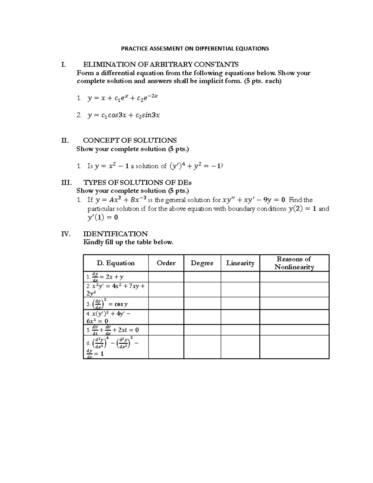 Practice Assesment ON Differential Equations - La Salle - Dasma - Studocu