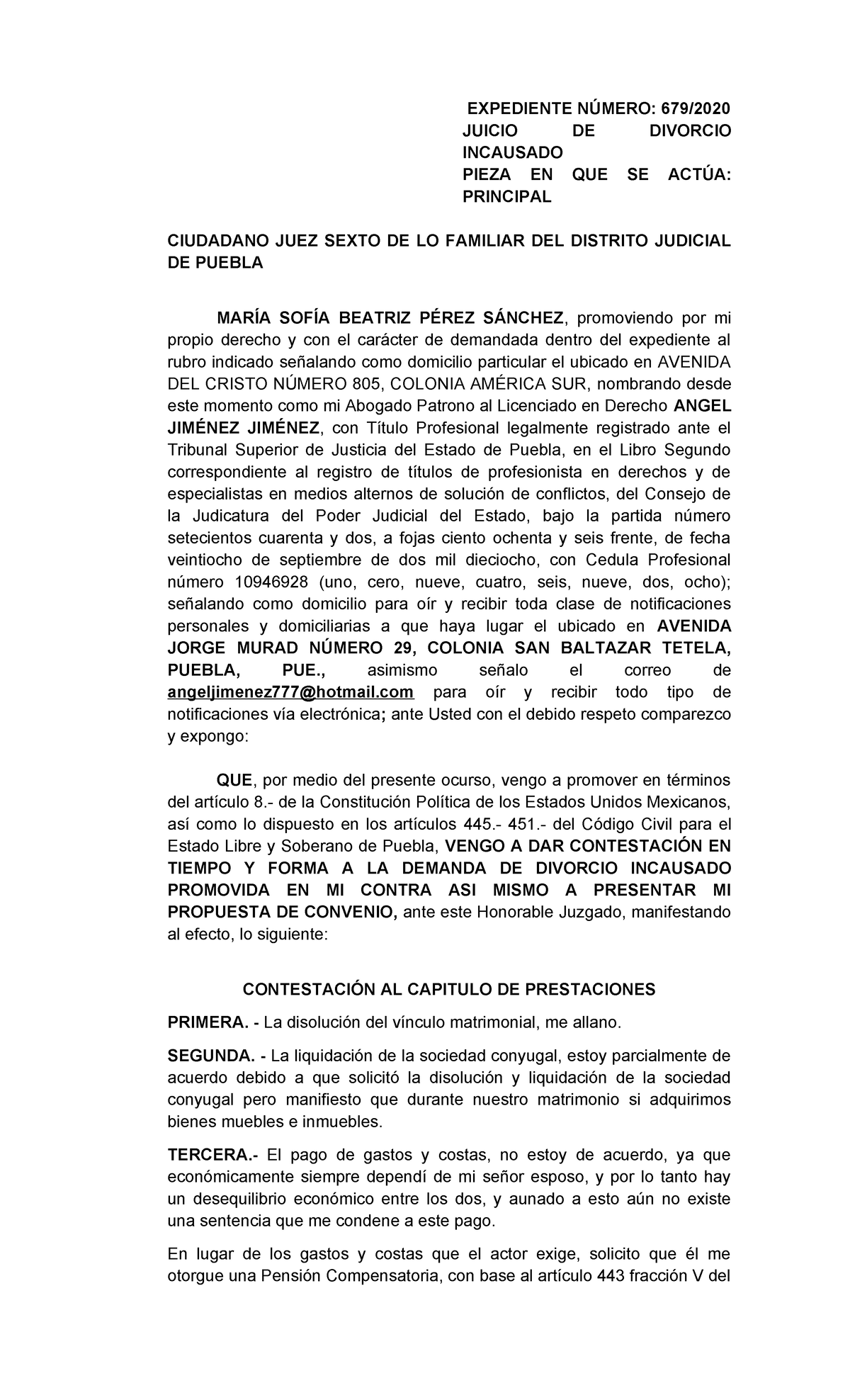 Contestacion DE Divorcio 679 - EXPEDIENTE NÚMERO: 679/ JUICIO DE ...