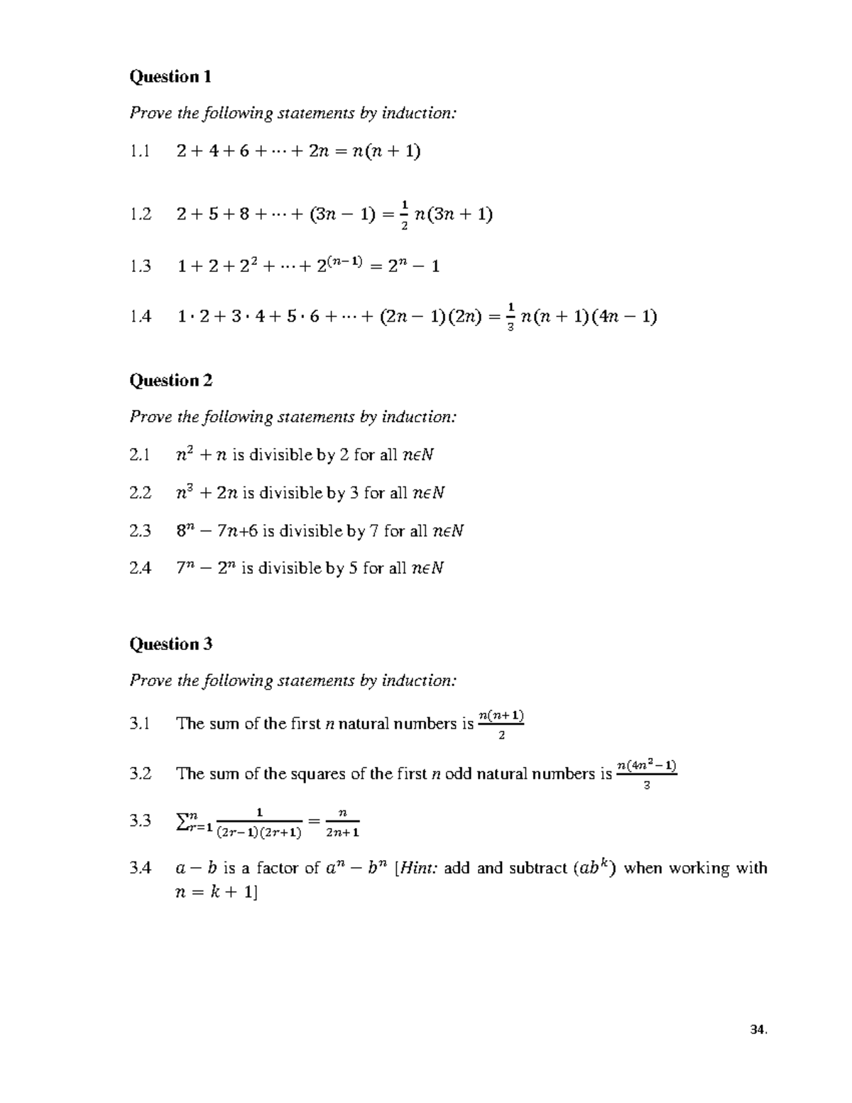 Algebra tutorial 4 Induction Tut Questions - Question 1 Prove the ...