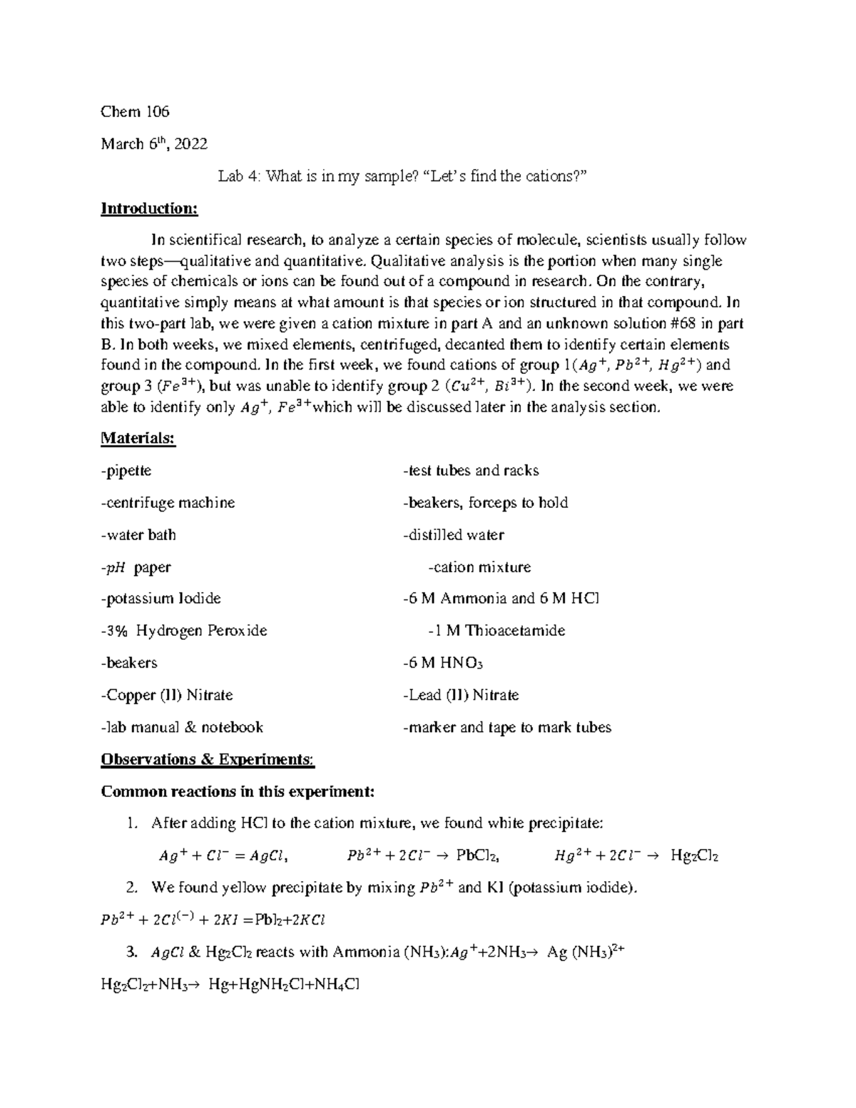 Lab 4 chem 106 Chemistry lab 4 Chem 106 March 6th, 2022 Lab 4 What