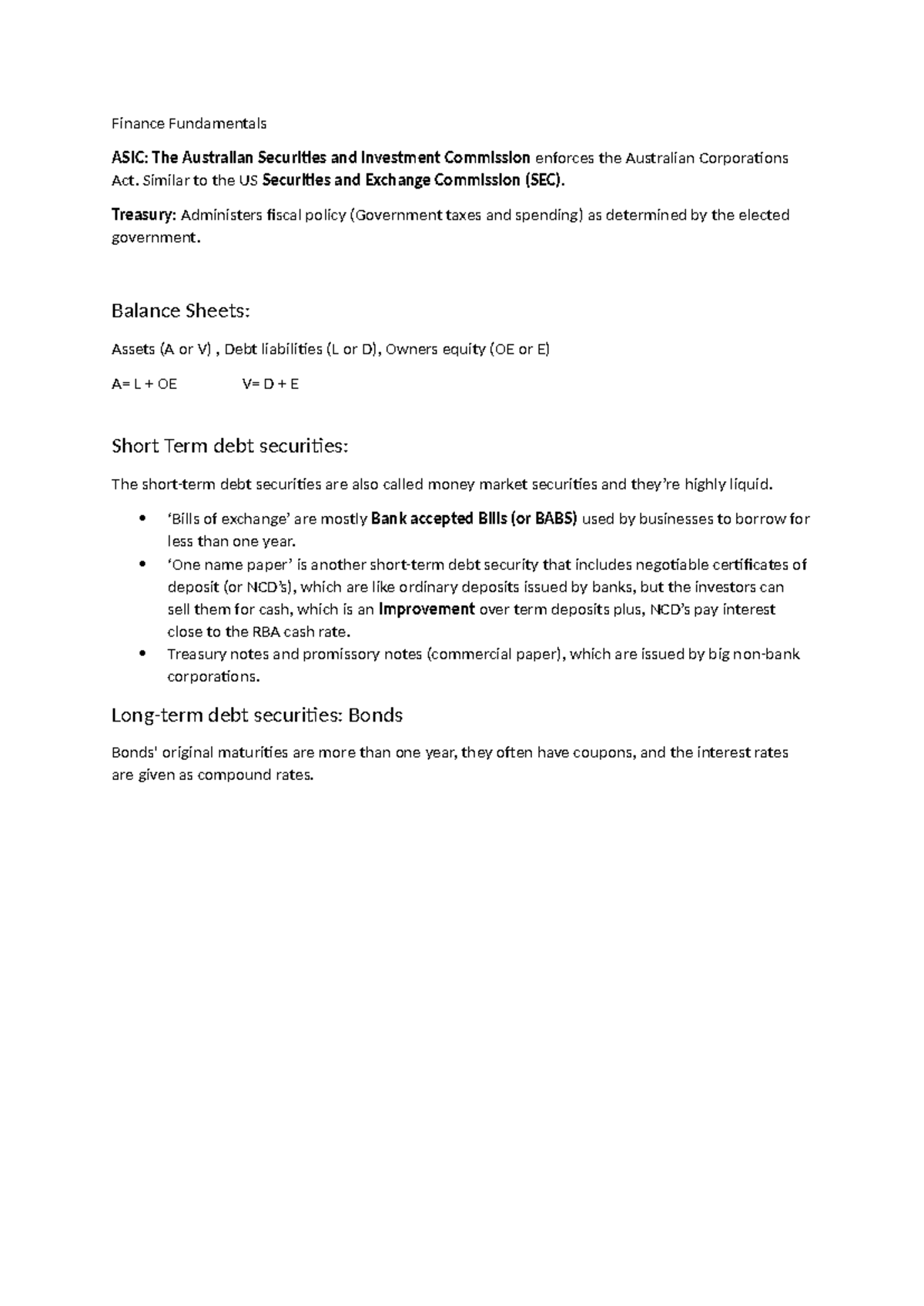 Week 1 - week 1 notes - Finance Fundamentals ASIC: The Australian ...