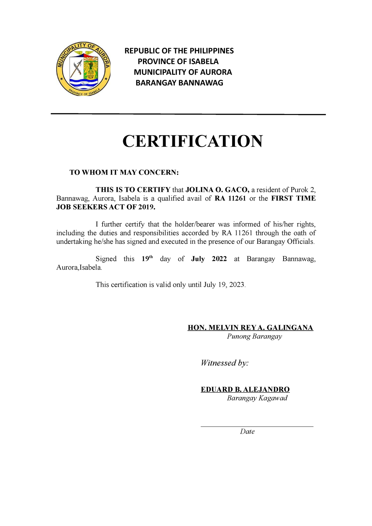 Certification - afasfewghtrhrt - REPUBLIC OF THE PHILIPPINES PROVINCE ...