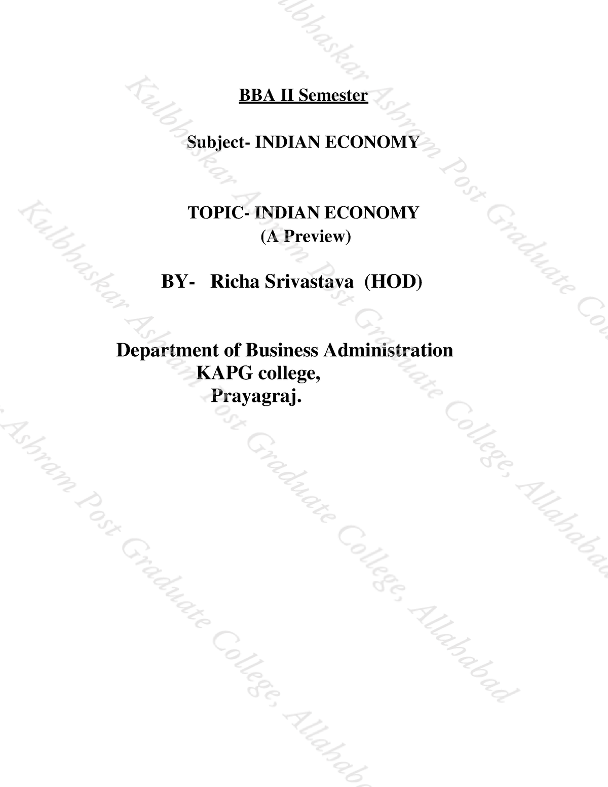 BBA II SEM Indian Economy (A Preview) By Richa Srivastava - BBA II ...