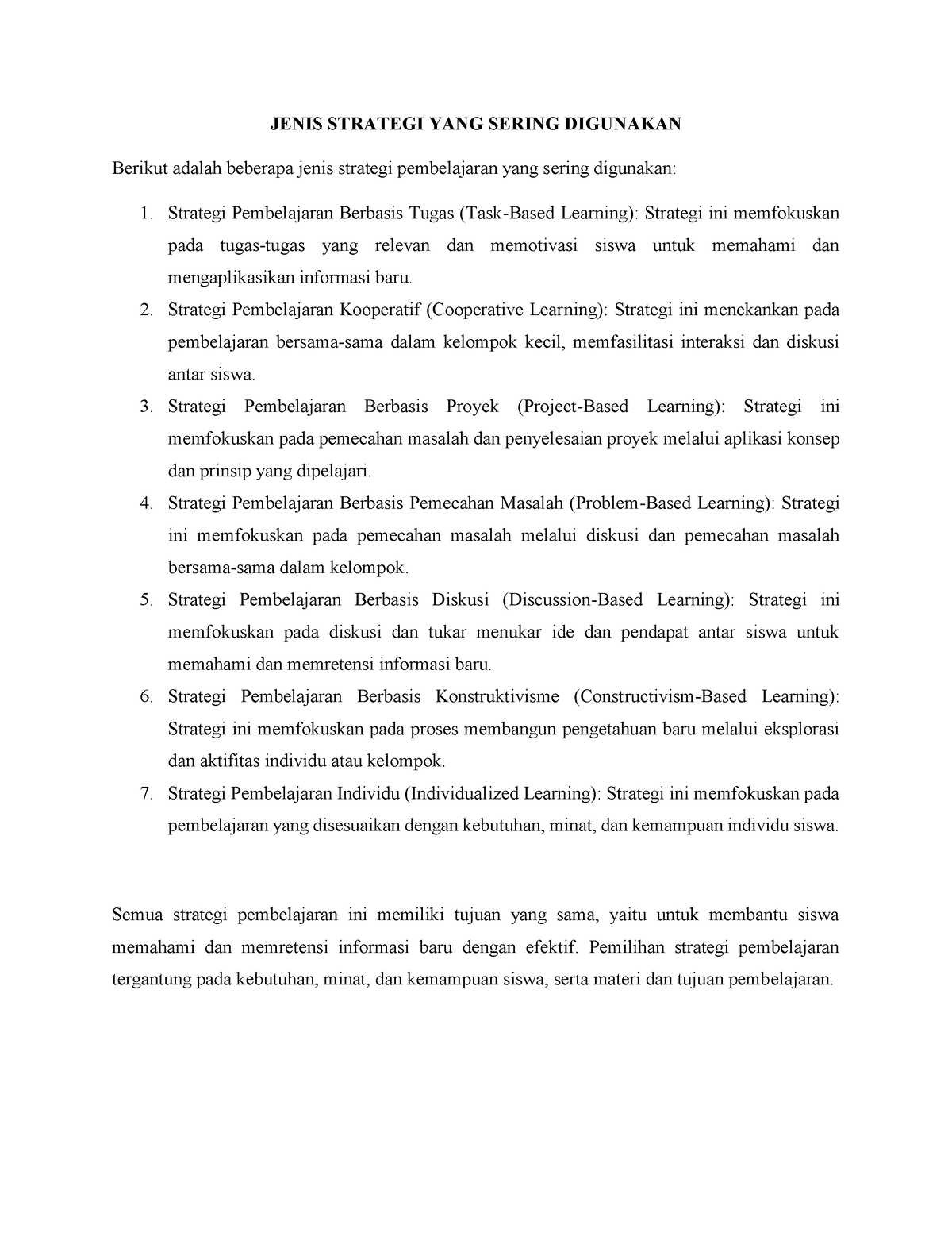 Jenis Strategi Pembelajaran - JENIS STRATEGI YANG SERING DIGUNAKAN ...