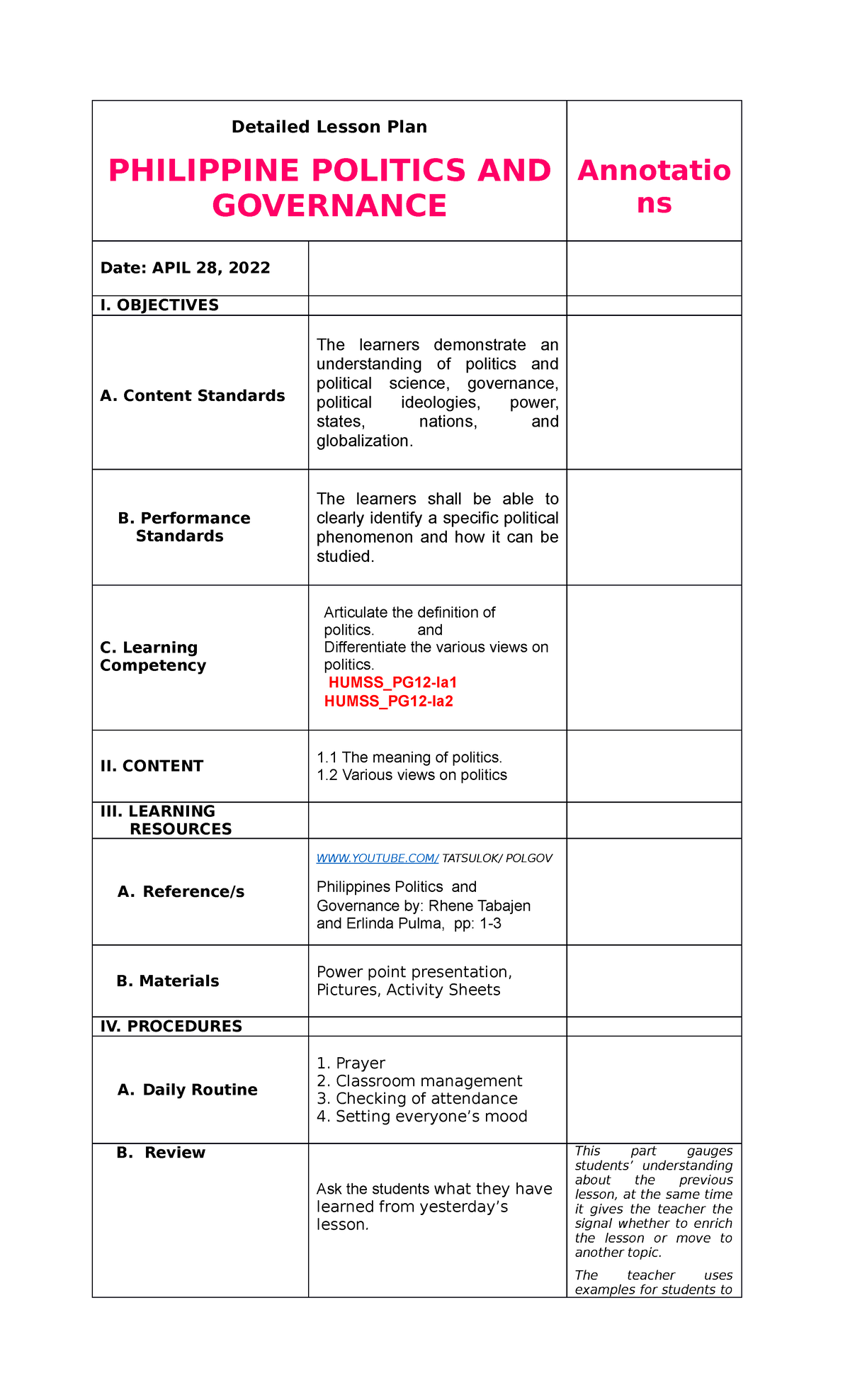 Cot COT Detailed Lesson Plan PHILIPPINE POLITICS AND GOVERNANCE 