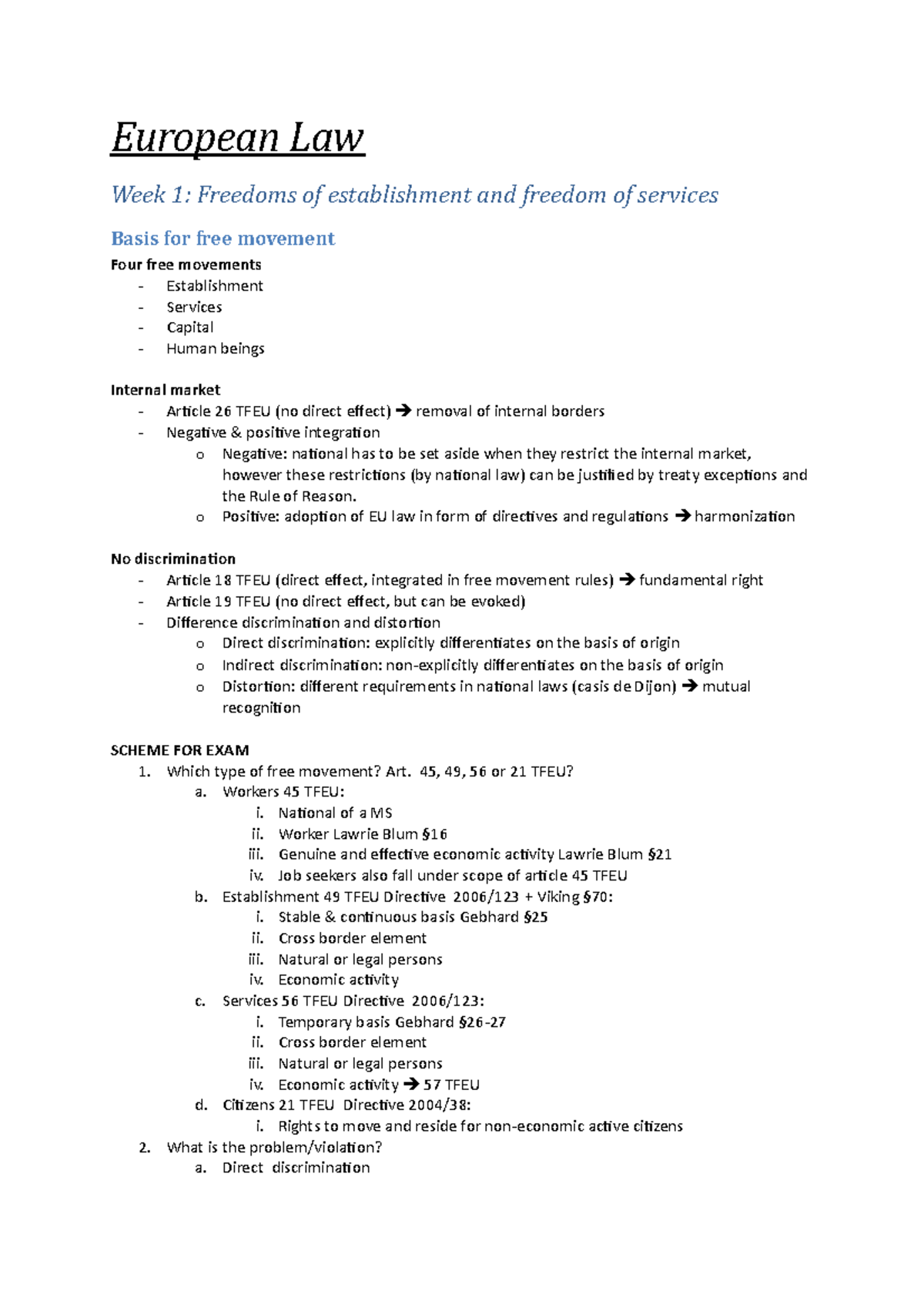 Summary European Law Week 1 5 European Law Week 1 Freedoms Of 