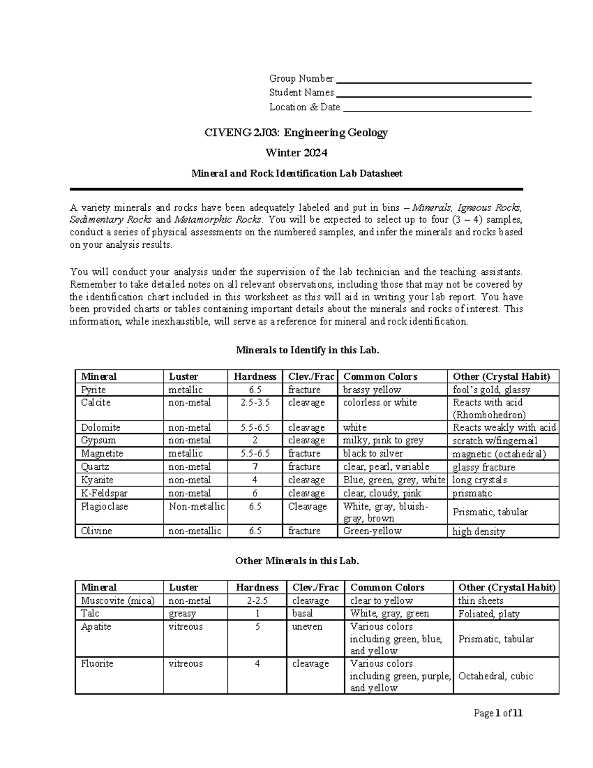 Mineral rock Lab Worksheet Group Number Student Names Location & Date
