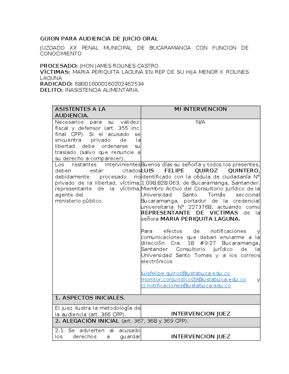 Juicio ORAL Representante DE Victimas B - GUION PARA AUDIENCIA DE ...