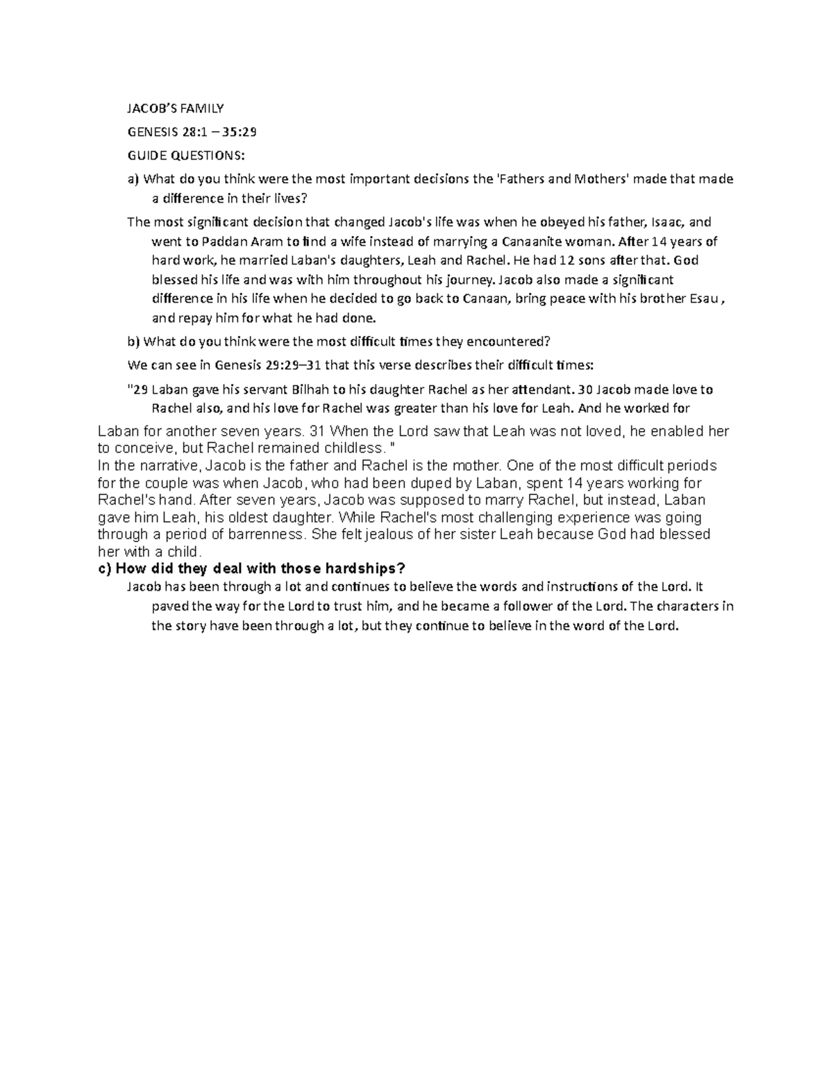 Jacobs family guided question JACOB’S FAMILY GENESIS 281 35 GUIDE