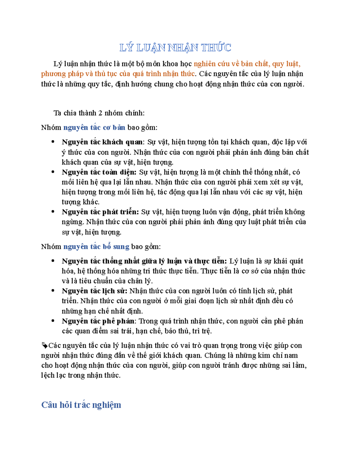 CÁC Nguyên TẮC CỦA LÝ LUẬN NHẬN THỨC - LÝ LUẬN NHẬN THỨC Lý luận nhận ...