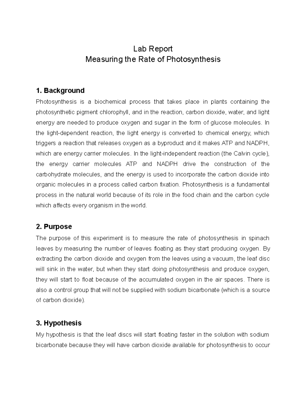 Lab Report Measuring the Rate of Photosynthesis Studocu