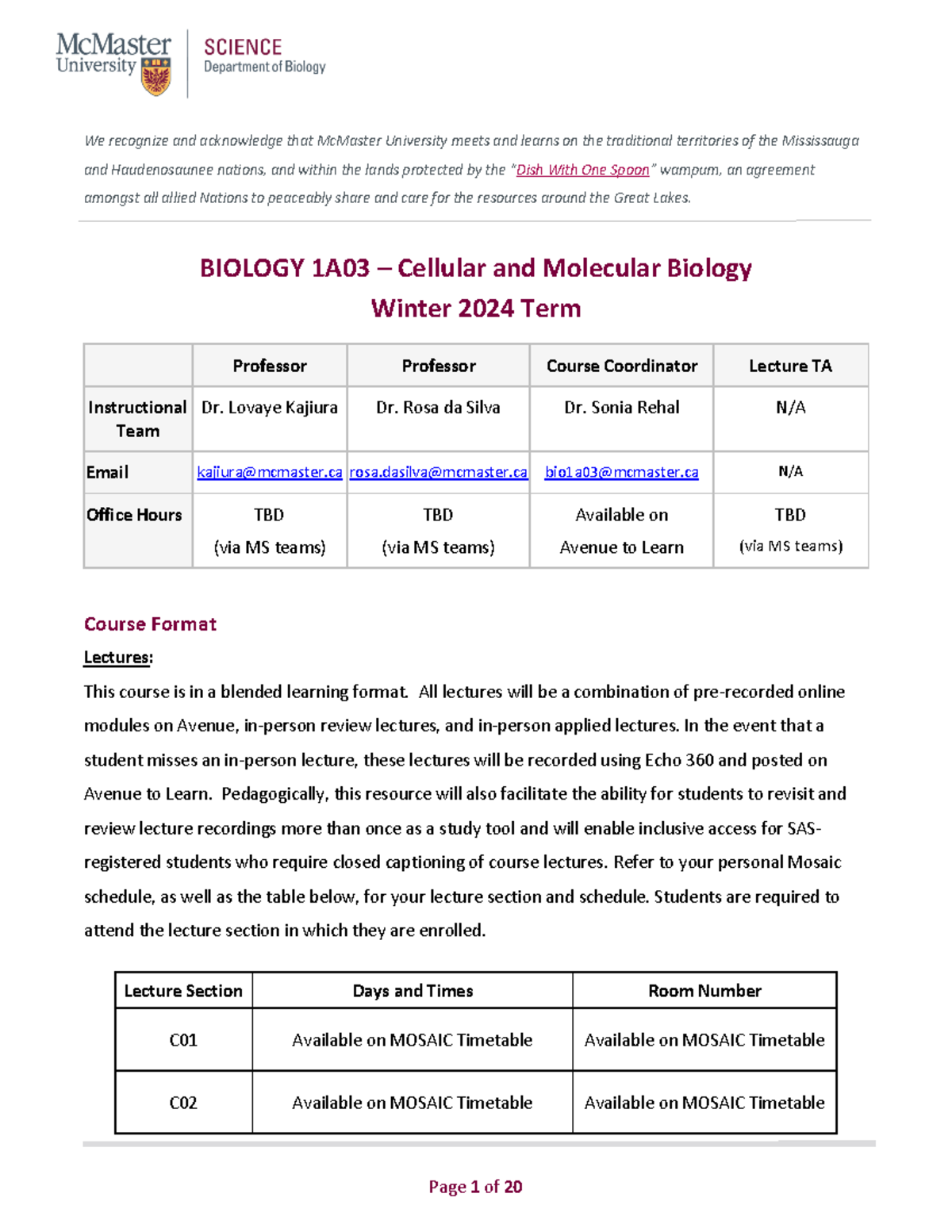 Bio1A03-W2024 Course Outline - We Recognize And Acknowledge That ...