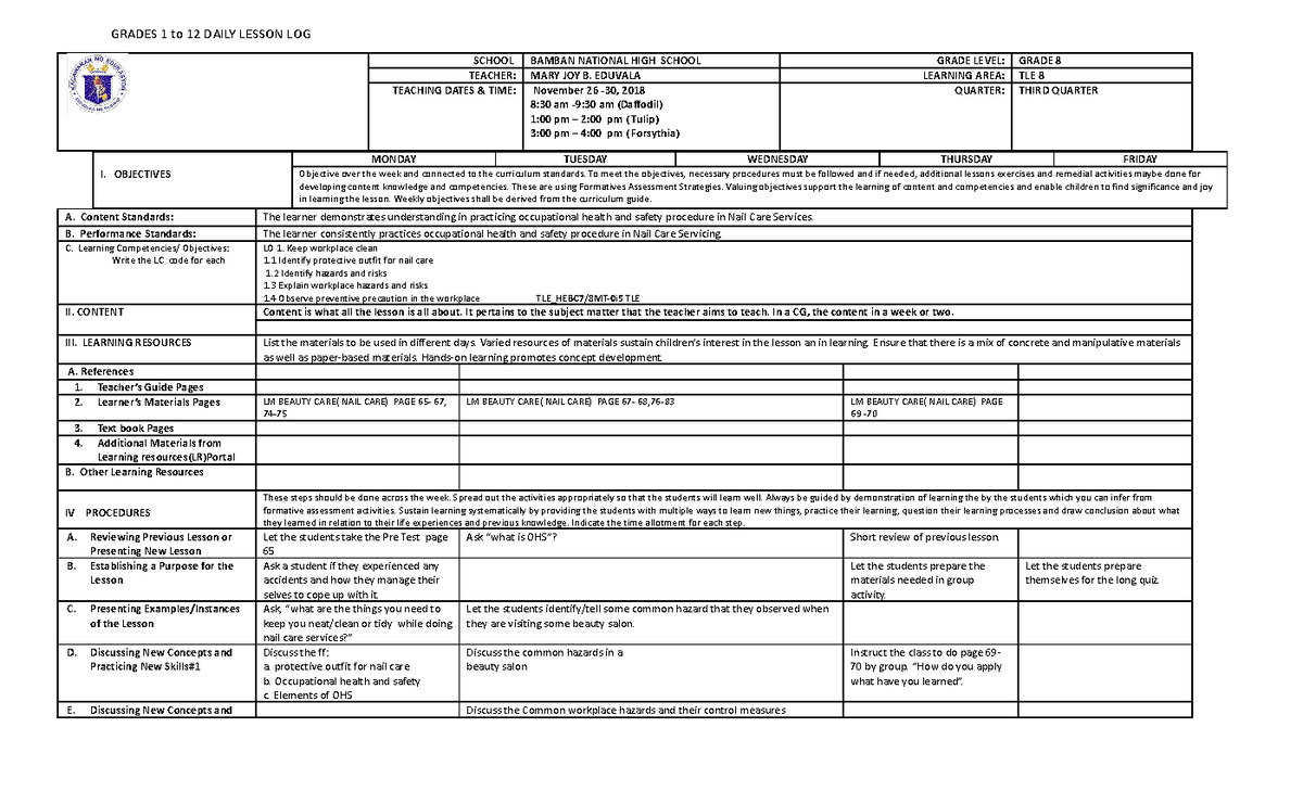 DLL nail care8 3rd week, November 26-30, 2018 - GRADES 1 to 12 DAILY ...