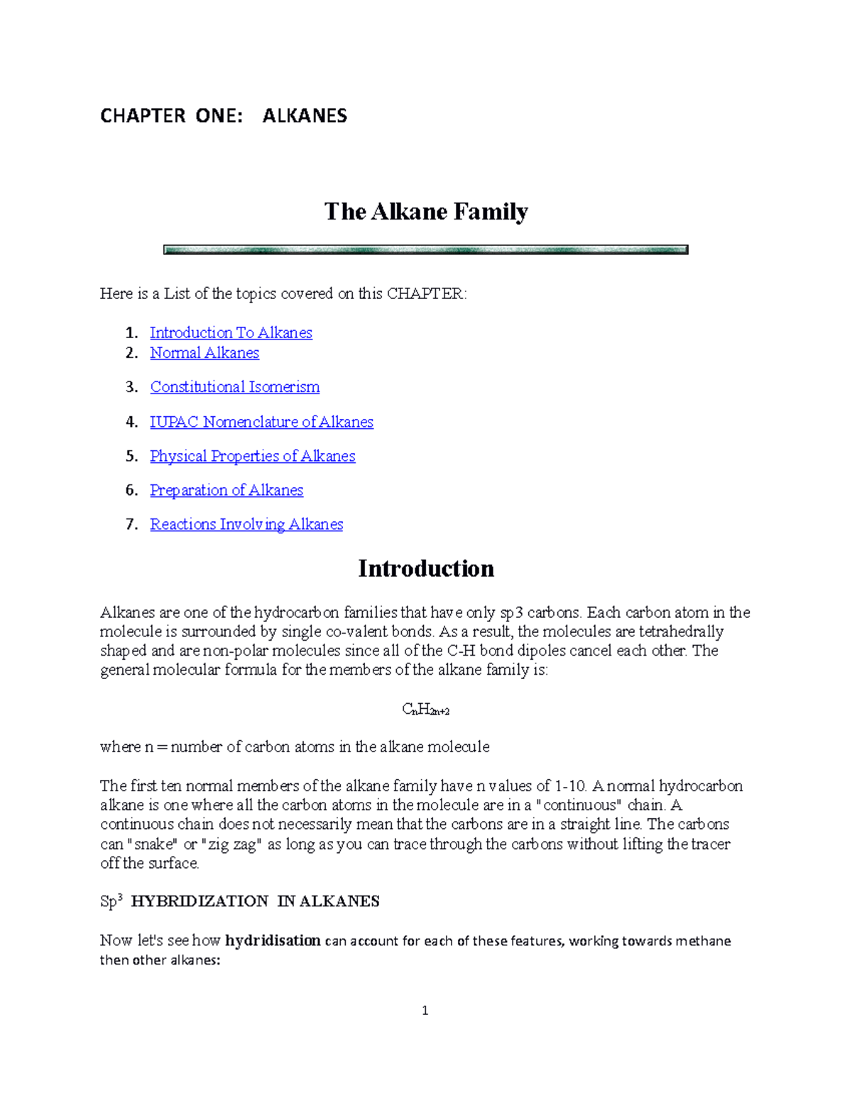 Alkanes Chapter 1 2022 - notes and practice problems - CHAPTER ONE ...