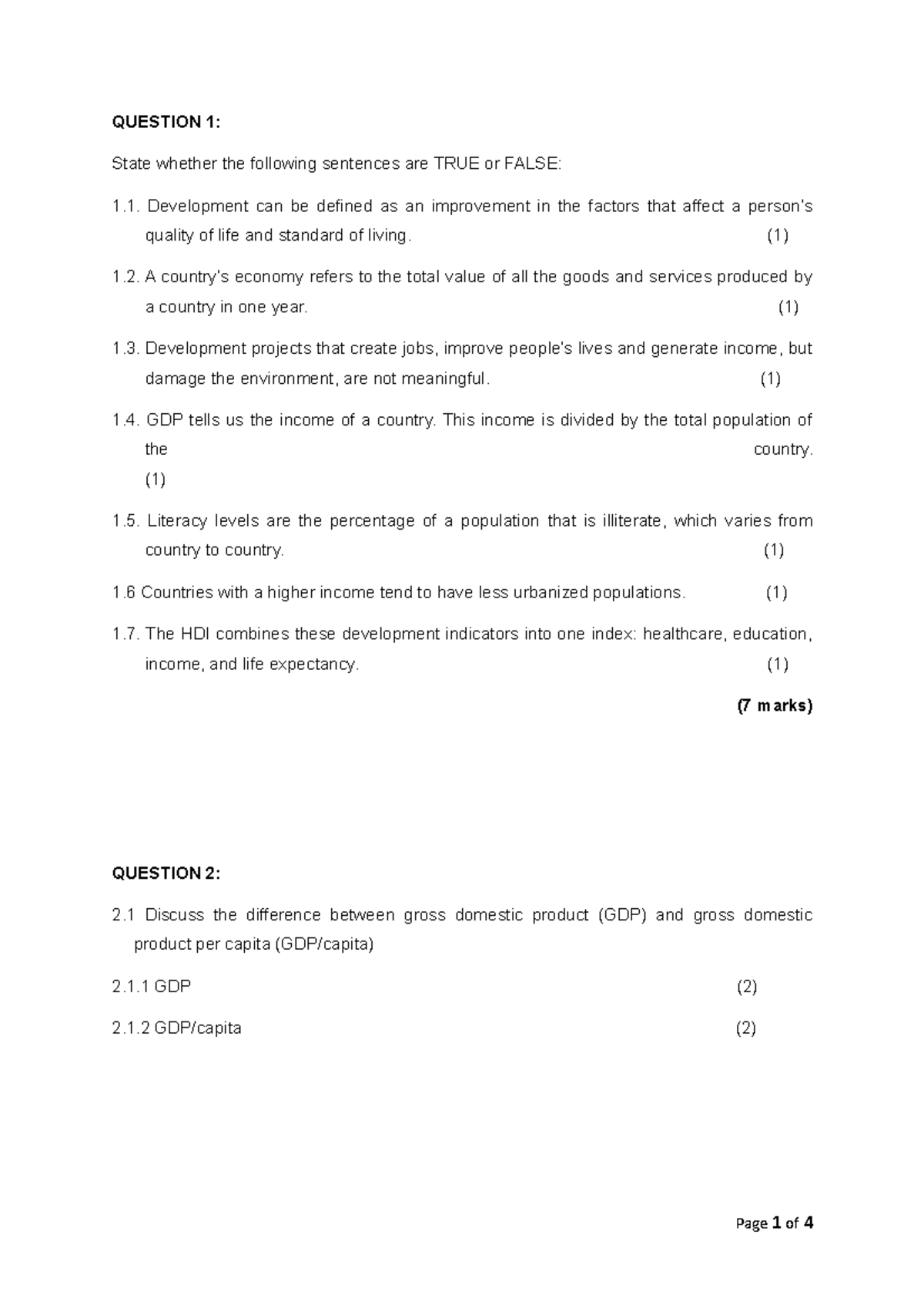 Test 1 Term 2 - Development - QUESTION 1: State whether the following ...