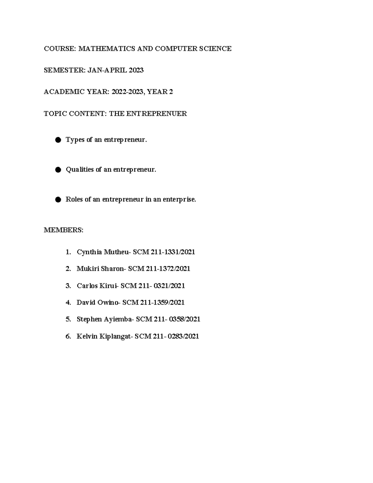 THE Entrepreneur-1 - COURSE: MATHEMATICS AND COMPUTER SCIENCE SEMESTER ...