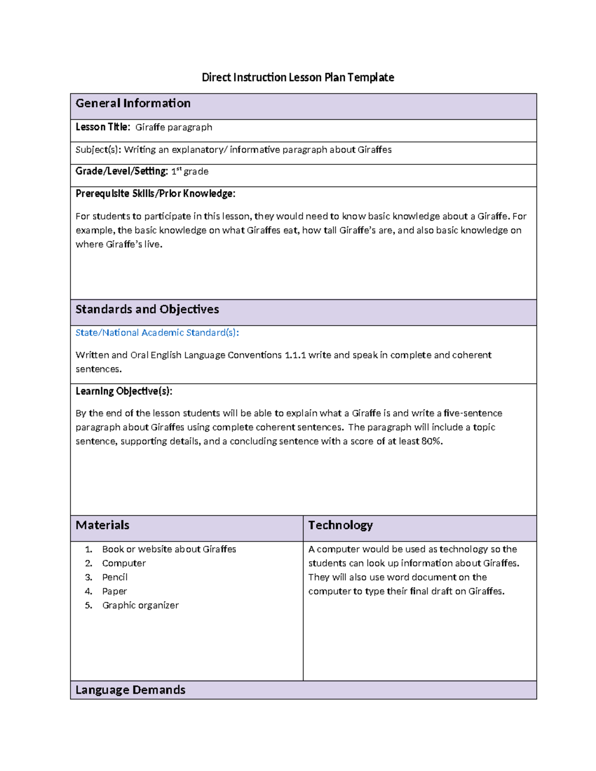 Giraffe Lesson Plan language arts - Direct Instruction Lesson Plan ...