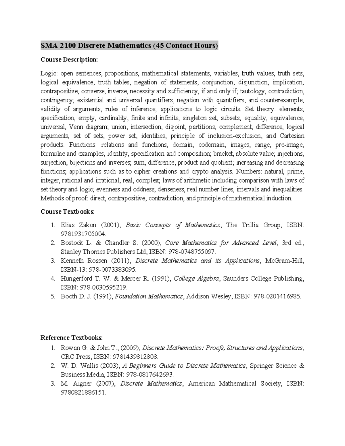 SMA 2100 Discrete Mathematics - Set theory: elements, specification ...