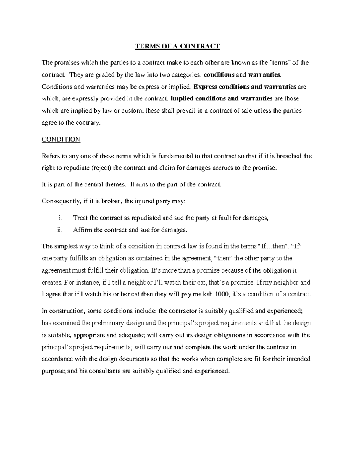 Terms OF A Contract, Vitiating Factors, Discharge OF Contracts ...