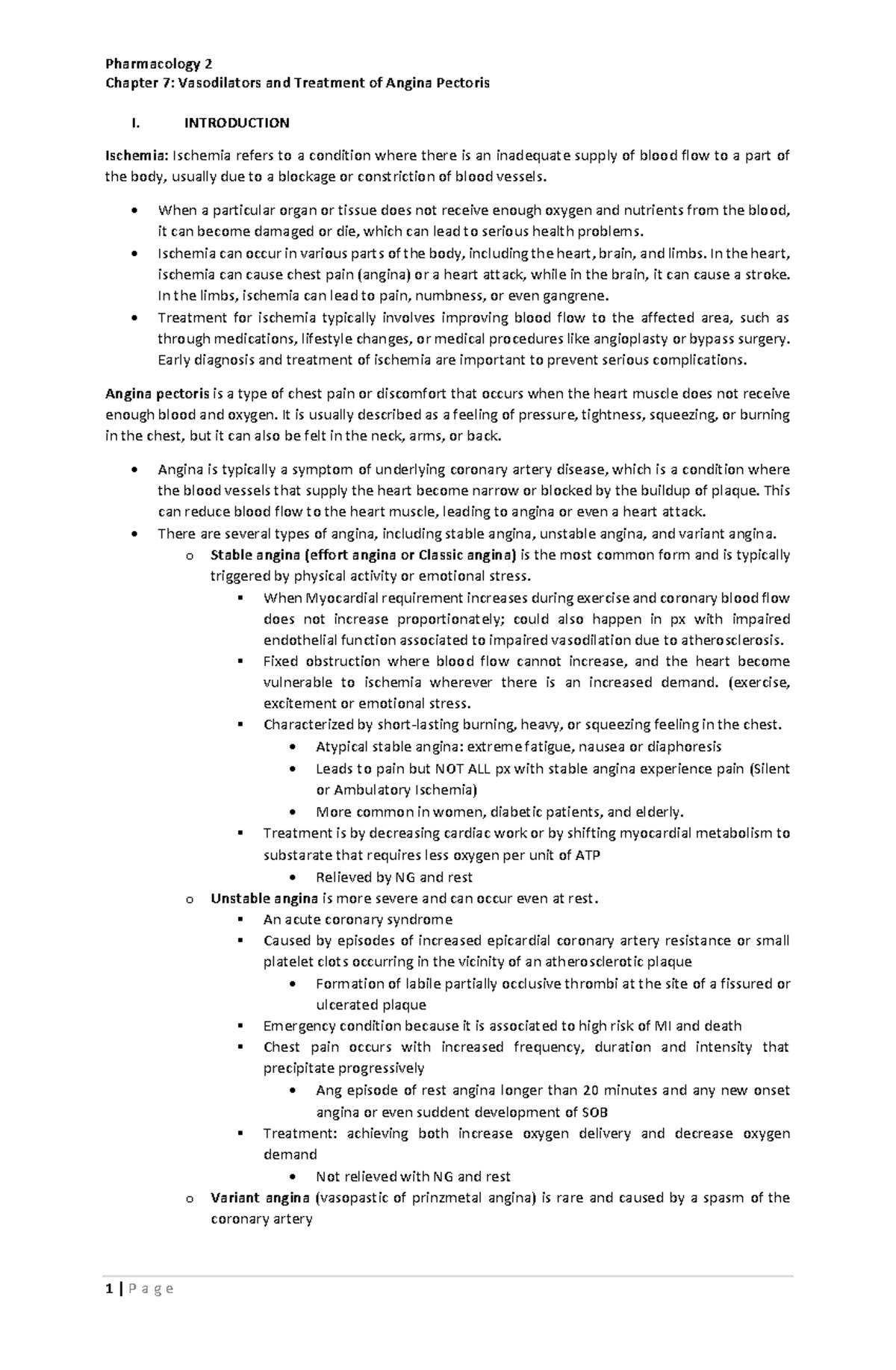 Vasodilators and Tx in Angina Pectoris Chapter 7 Vasodilators and