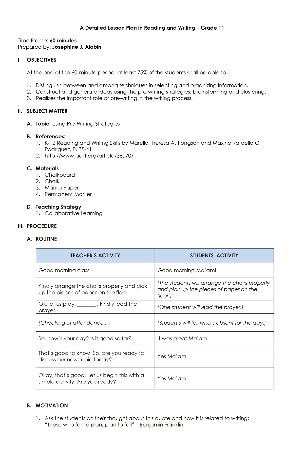 Reading and writing grade 11 A Detailed Lesson Plan in Reading and