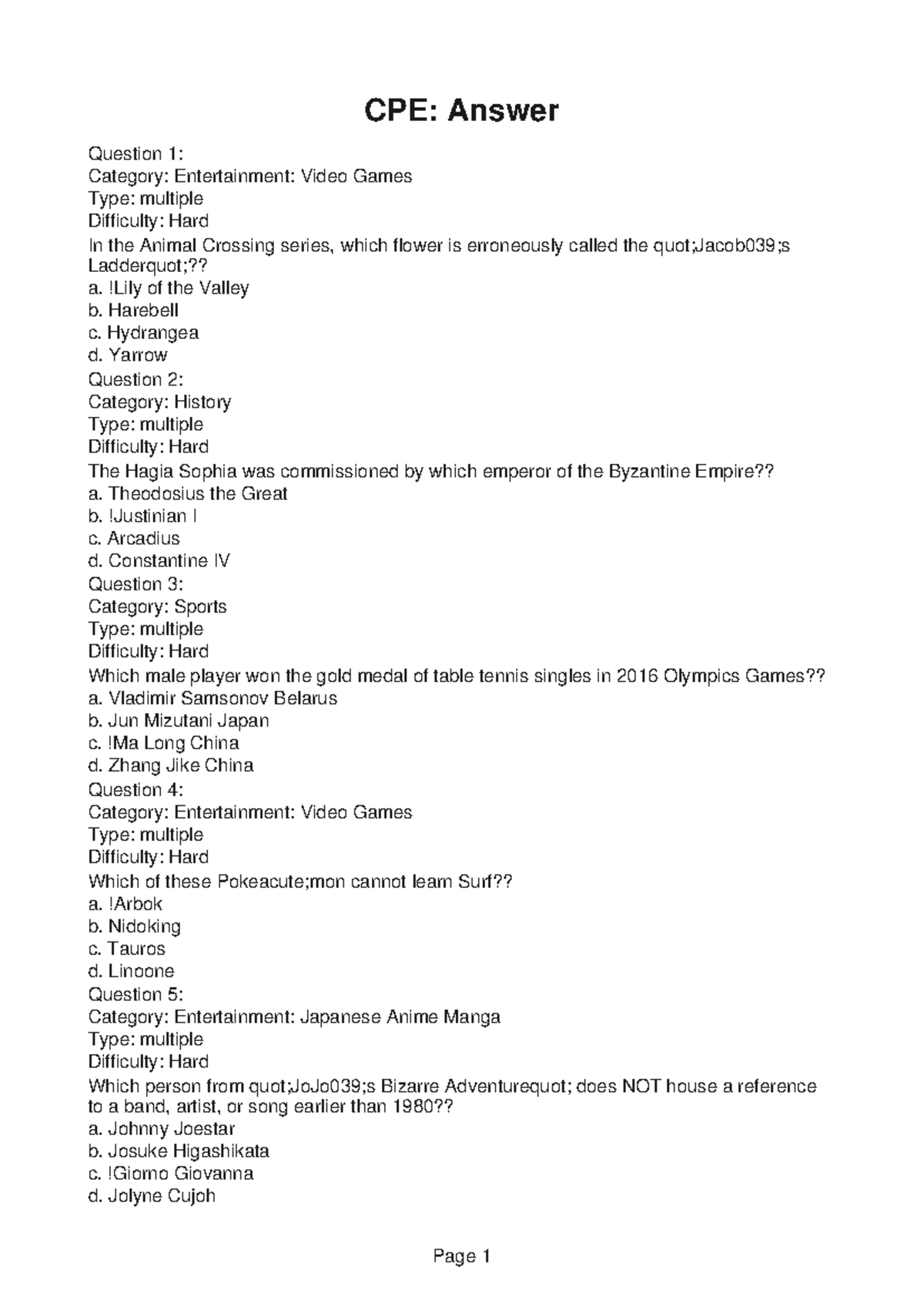 CPE120 Extra Credit 5 - CPE: Answer Question 1: Category: Entertainment ...