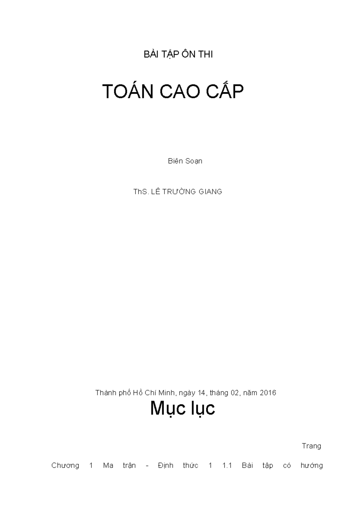 Baitap TCC ltgiang 2016 - BÀI TẬP ÔN THI TOÁN CAO CẤP Biên Soạn ThS. LÊ ...