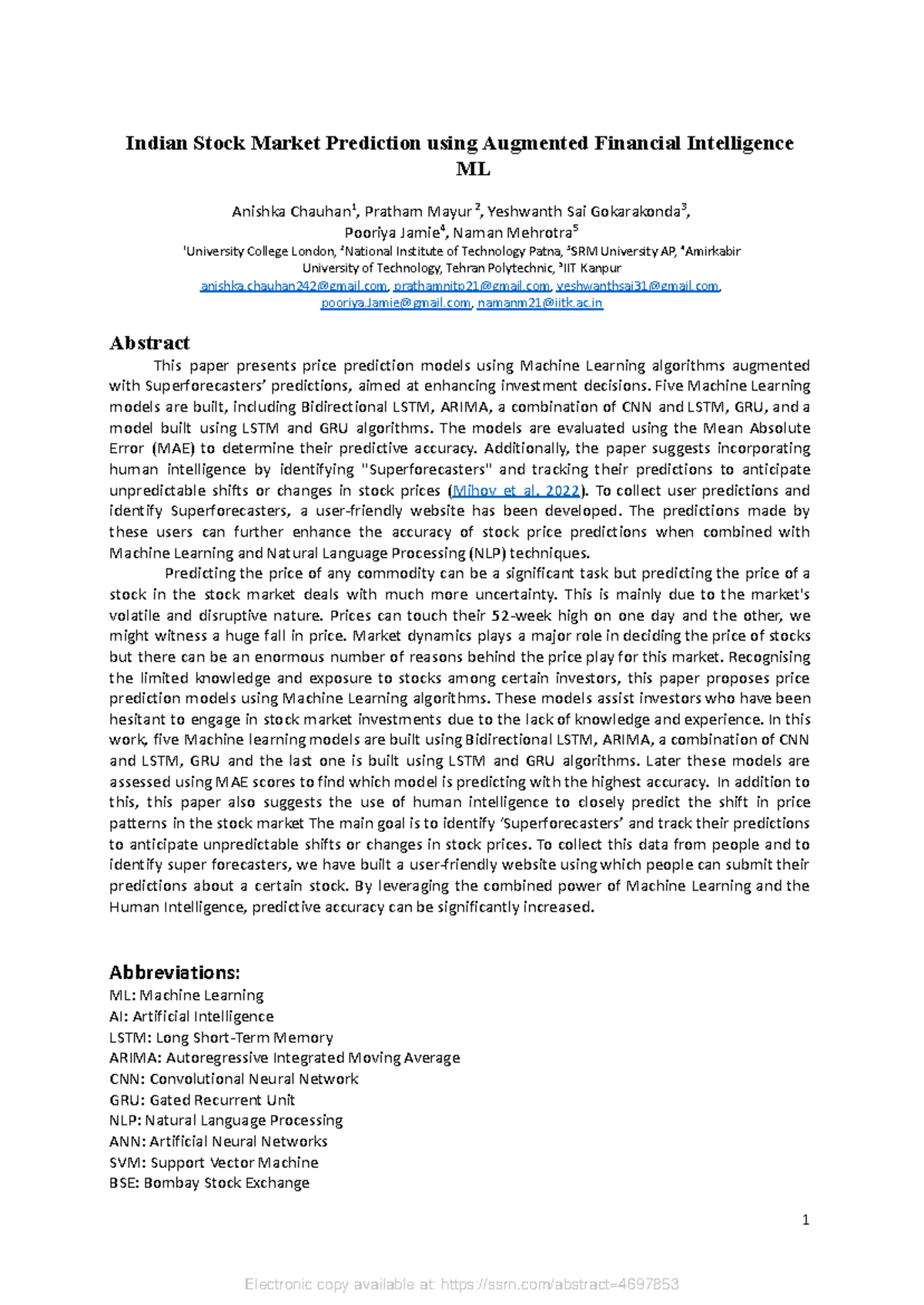 Ssrn id4697853 code6437431 Indian Stock Market Prediction using