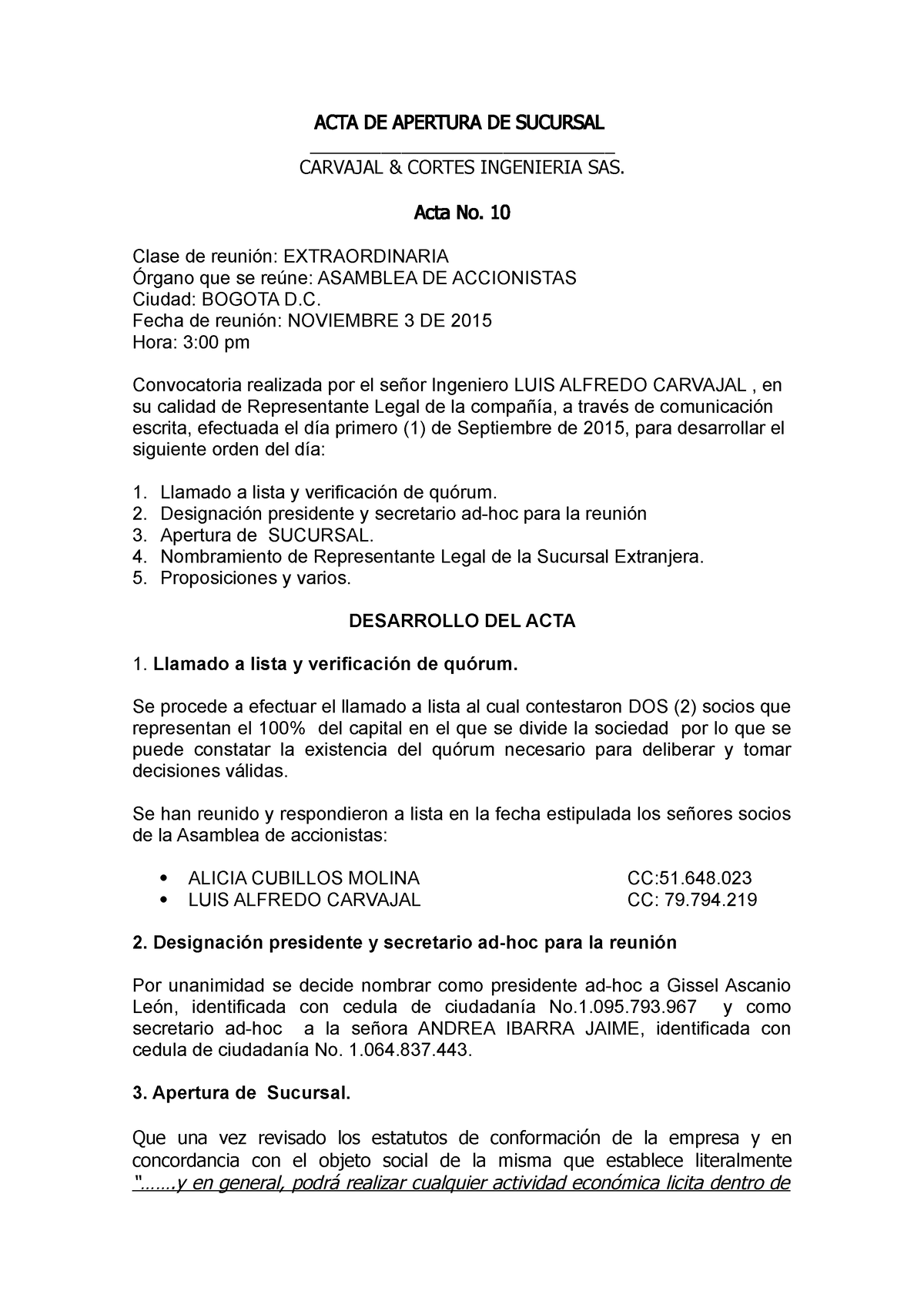 Acta Apertura Sucursal Peru 1 Acta De Apertura De Sucursal