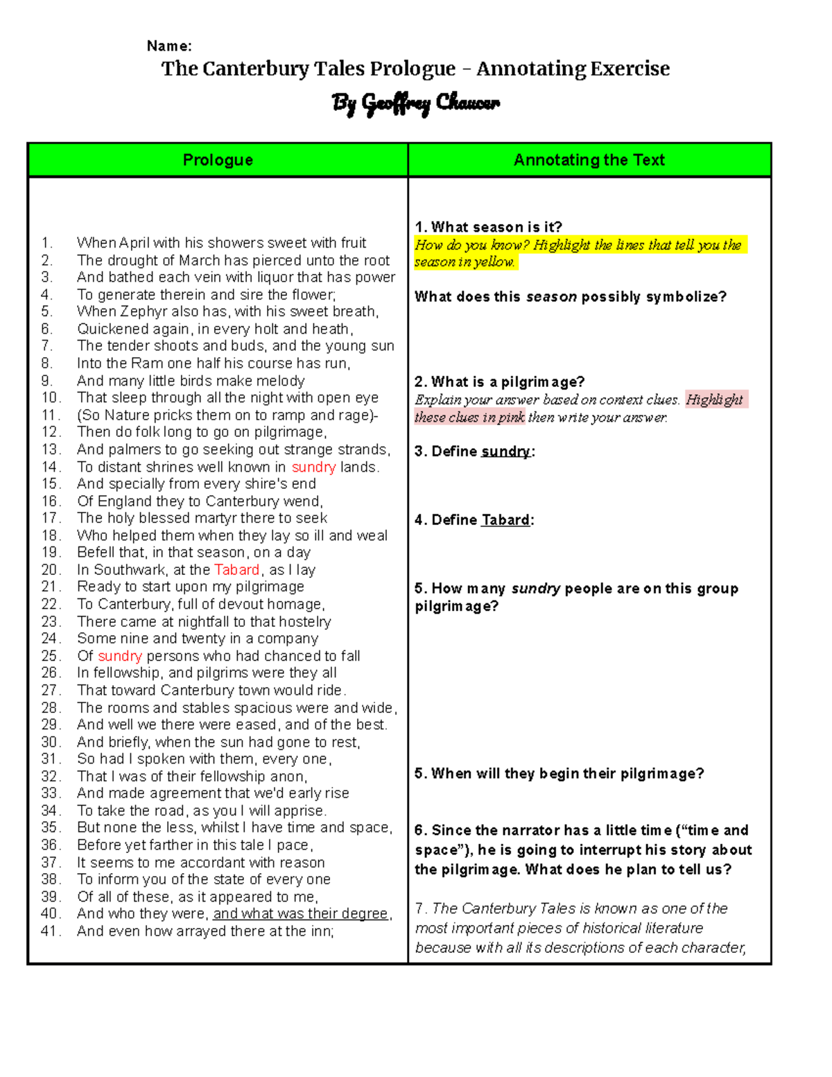 Canterbury Tales - Prologue Annotating Exercise - Lesson 2 - Name: The ...