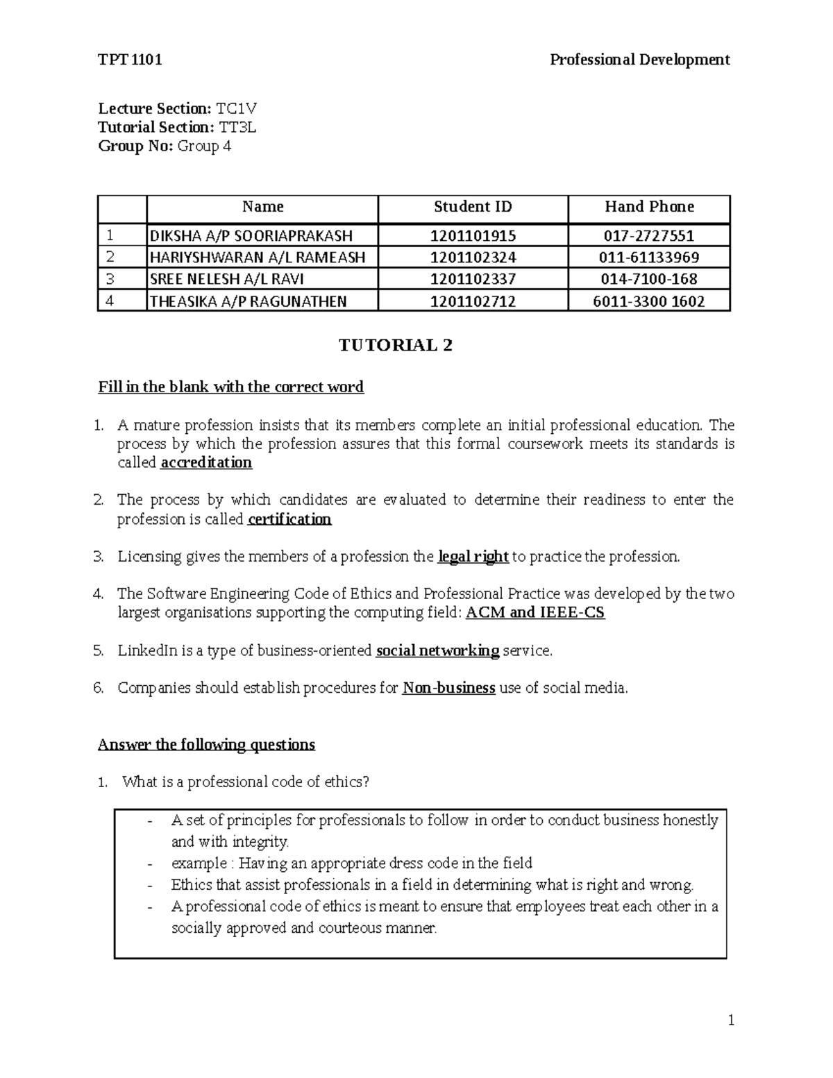 Tutorial 2 Professional Ethics Group 4 Lecture Section Tc1v
