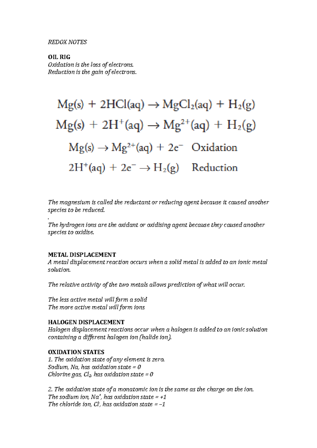 Redox Notes - Redox Notes Oil Rig Oxidation Is The Loss Of Electrons 