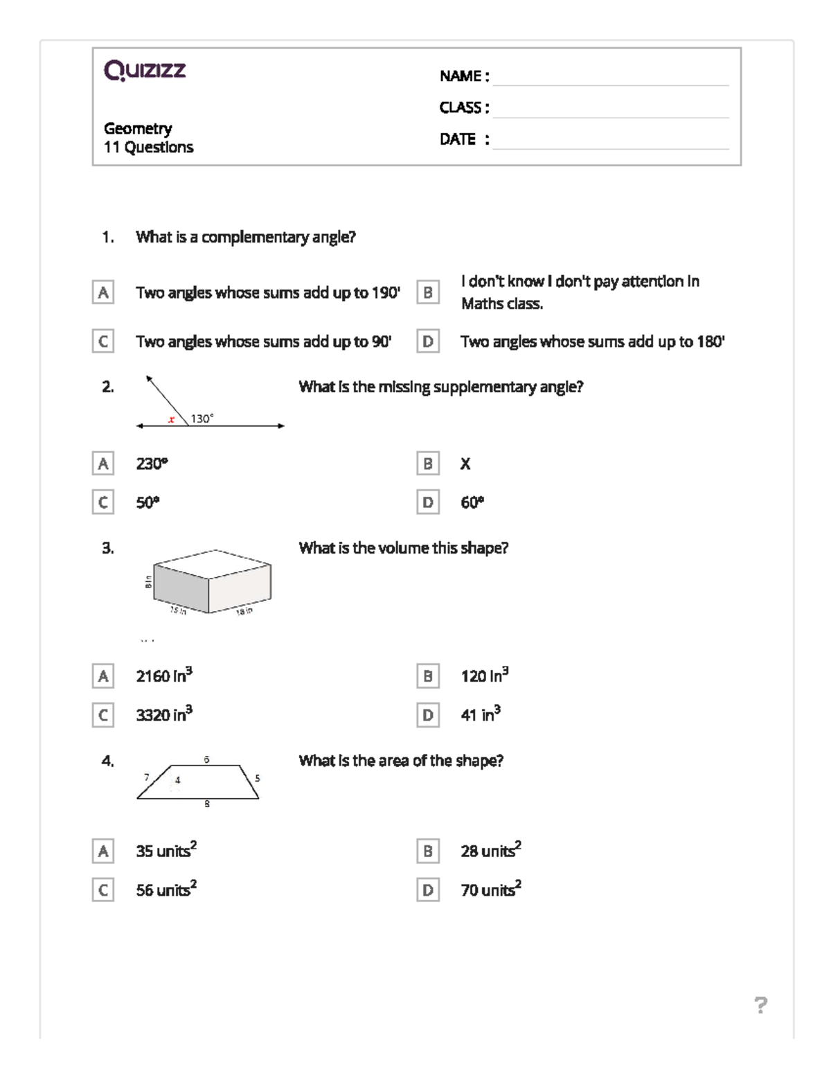 Geometry - Hope this helpful - Quizizz NAME : CLASS : Geometry DATE ...