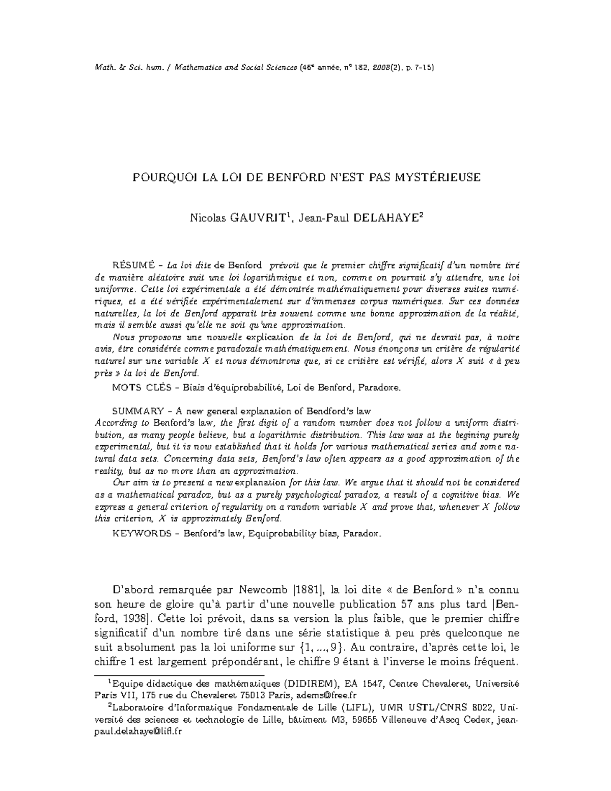 Autour de la loi de benford 1 Math. & Sci. hum. / Mathematics and Social Sciences ( 46 e Studocu