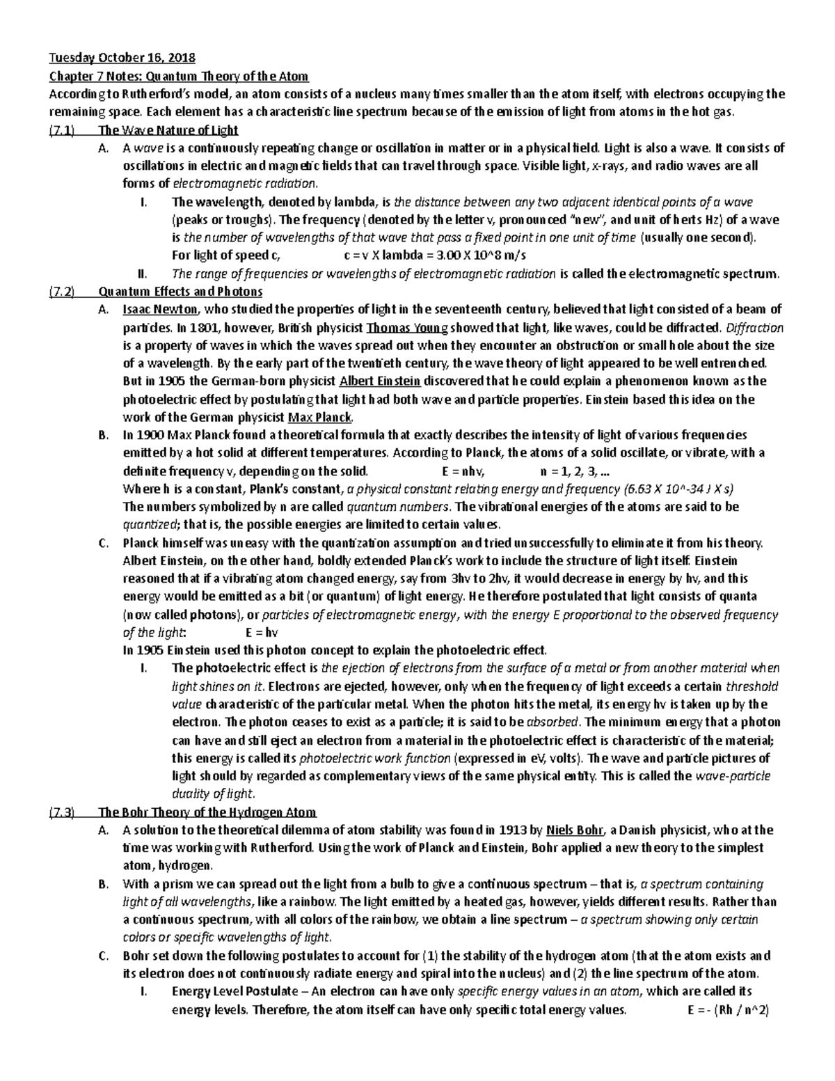 Chem Chapter 7 Notes - Tuesday October 16, 2018 Chapter 7 Notes ...