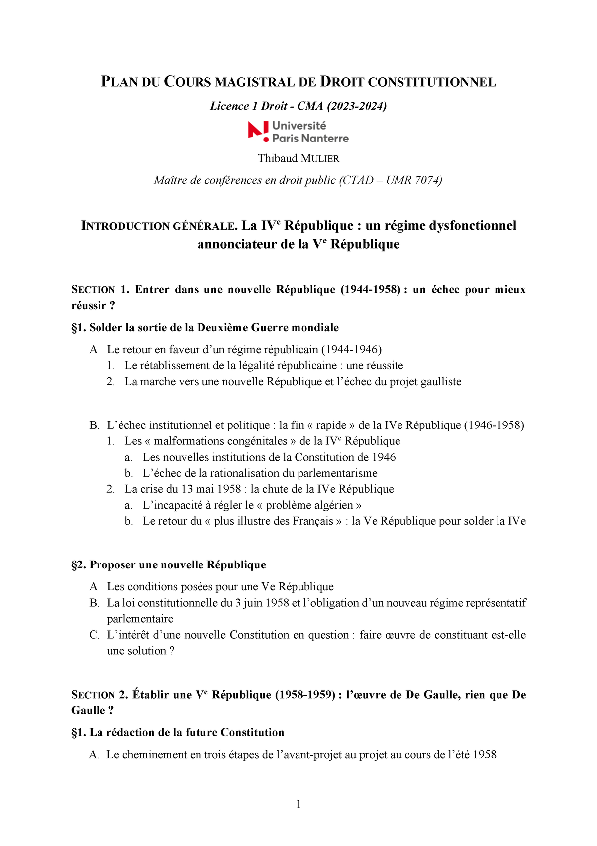 2501 - Plan Du Cours Magistral De Droit Constitutionnel - 1 PLAN DU ...