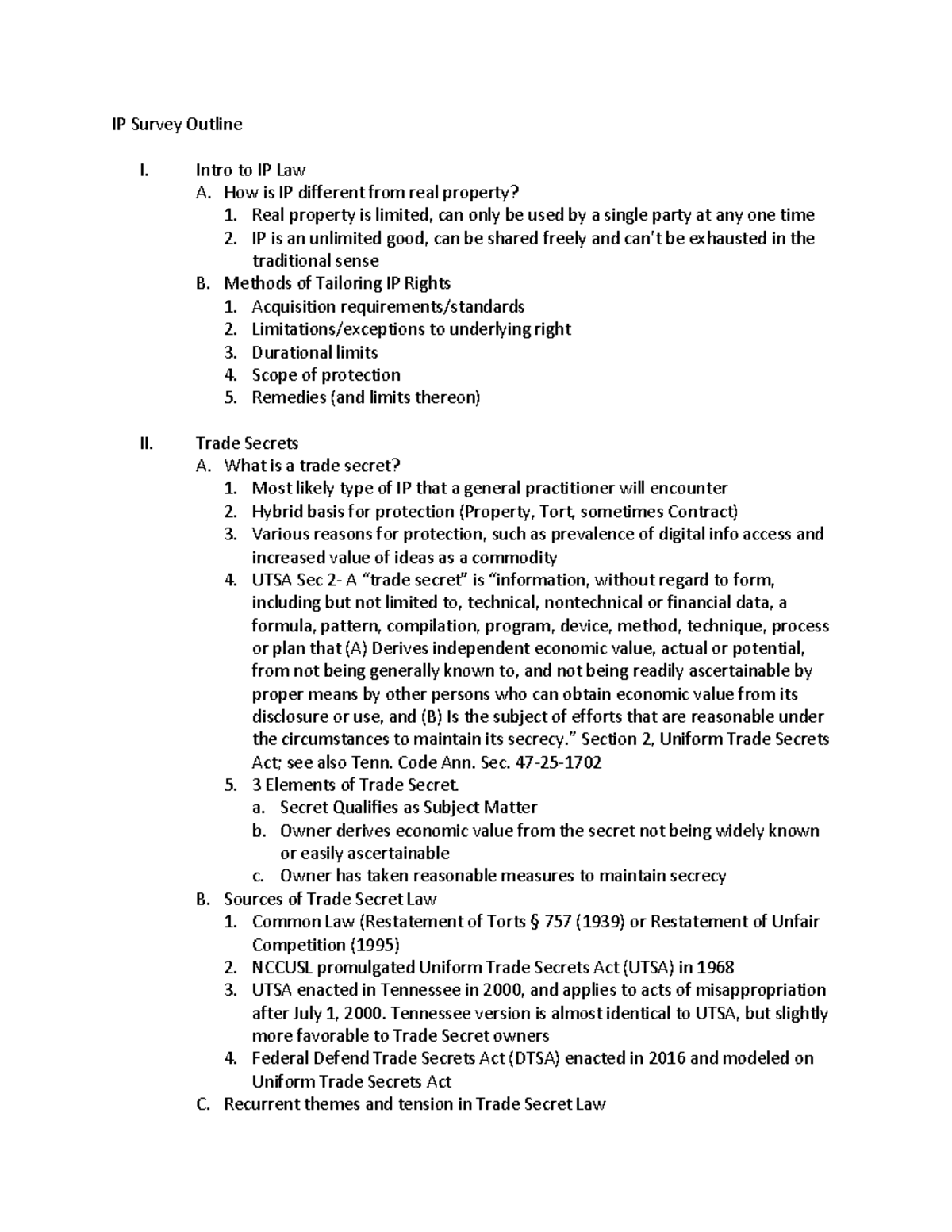 IP Survey Outline - Intro to IP Law A. How is IP different from real ...