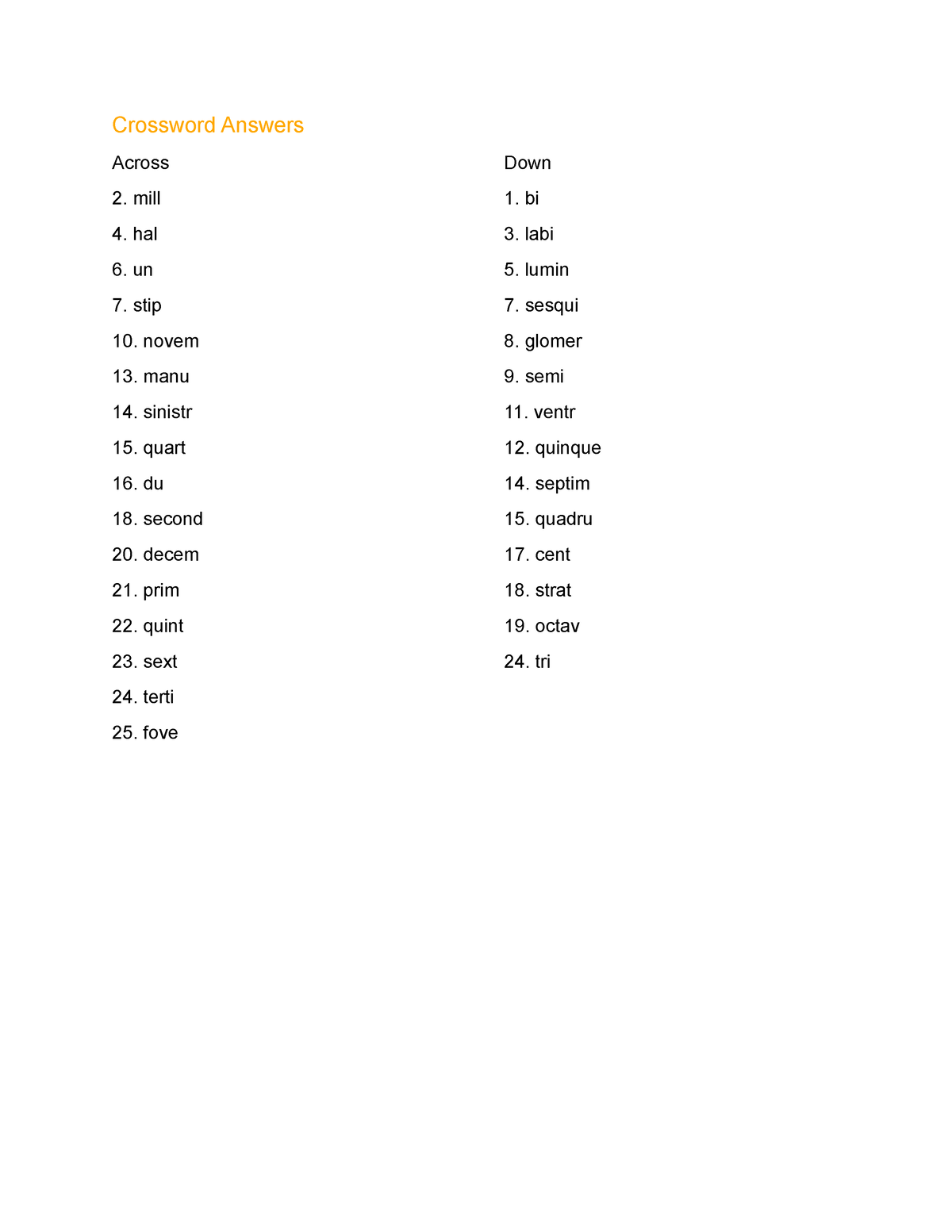 Lesson 35 Worksheet (key) Crossword Answers Across 2 mill 4 hal 6