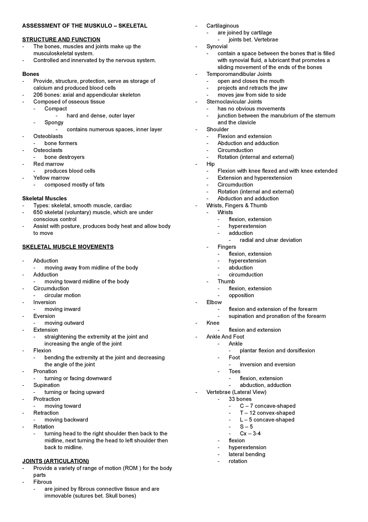 HA 15 Muskulo Skeletal - Reviewer - ASSESSMENT OF THE MUSKULO ...