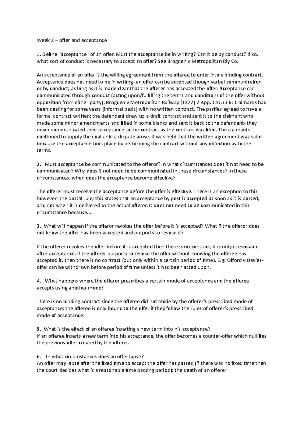 Contract I - tutorial 2 - offer and acceptance - Week 2 – offer and ...