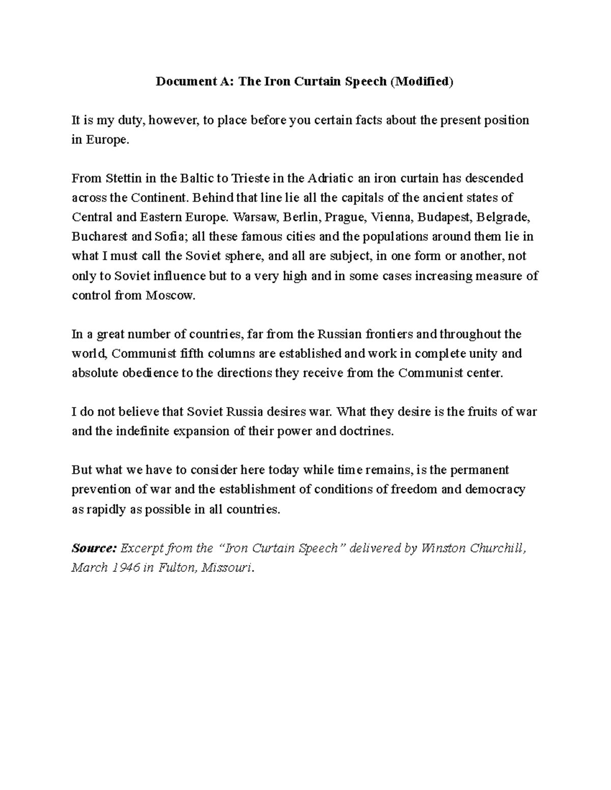 Caden Rader Early Cold War Readings Document A The Iron Curtain