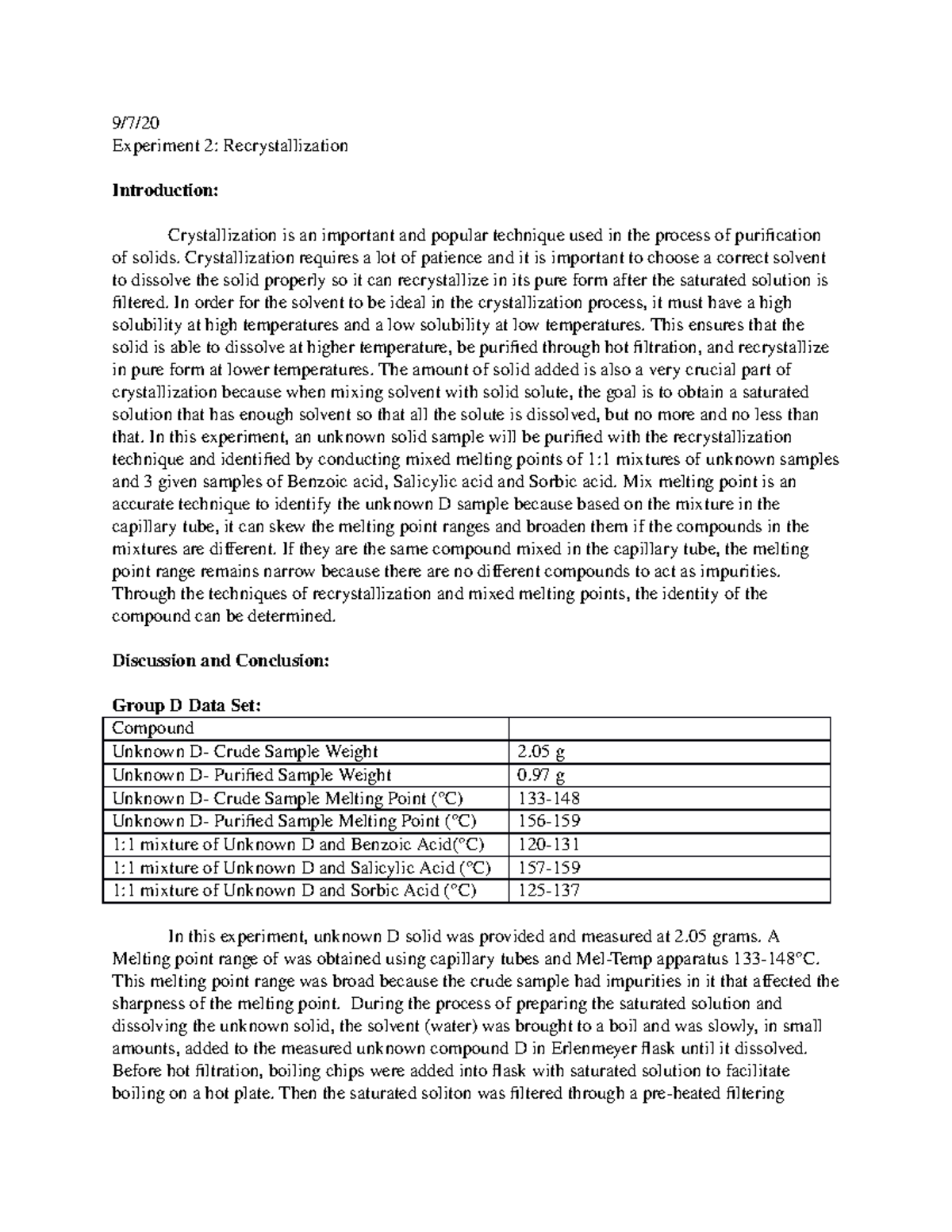 Lab Report 2 Recrystallization 1 - 9/7/ Experiment 2: Recrystallization ...