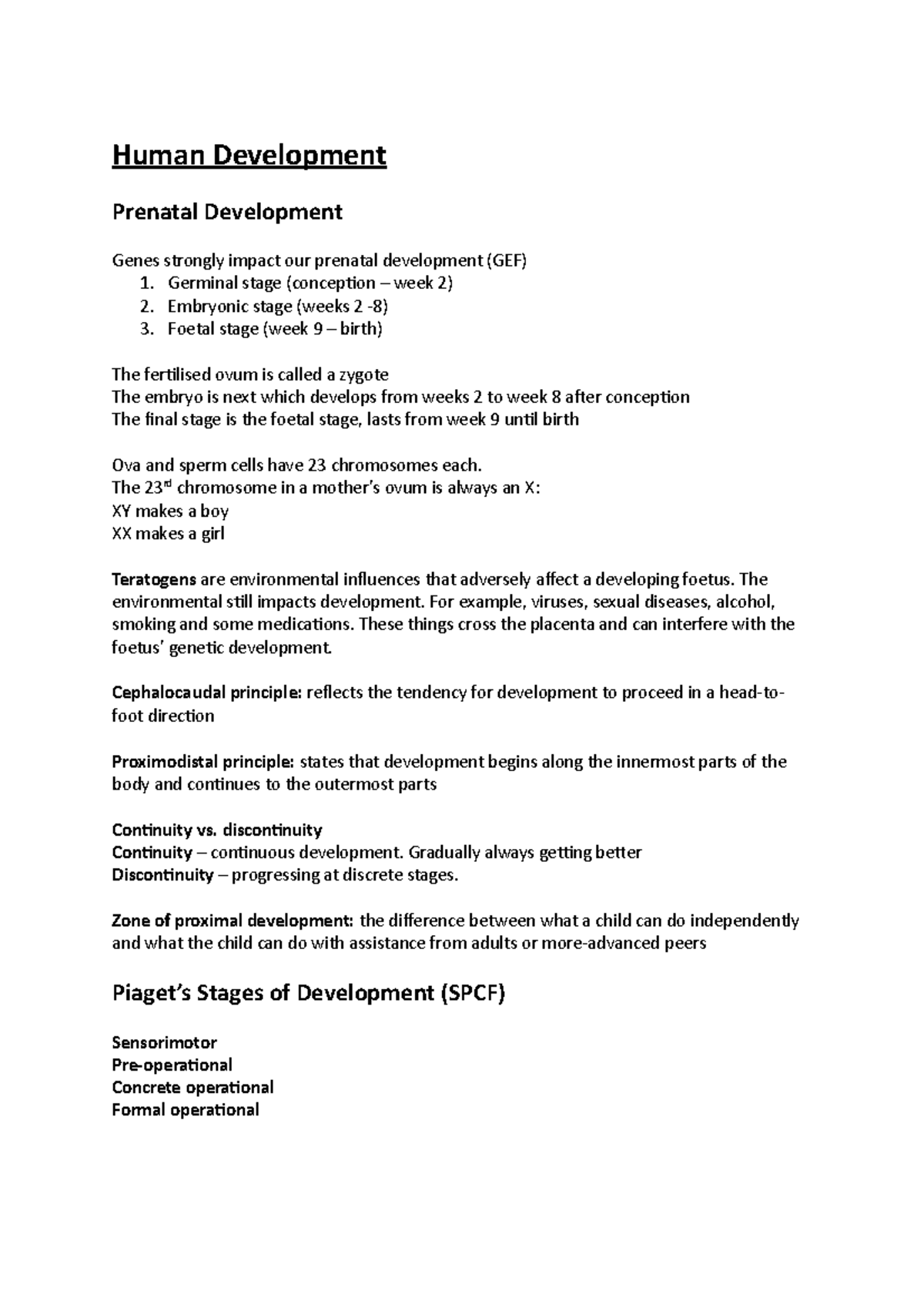 Psych B Revision - HD notes - Human Development Prenatal Development ...