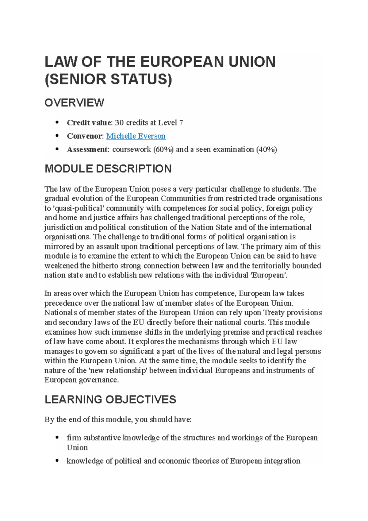 LAW OF THE European Union YEAR THREE PART TIME - LAW OF THE EUROPEAN ...