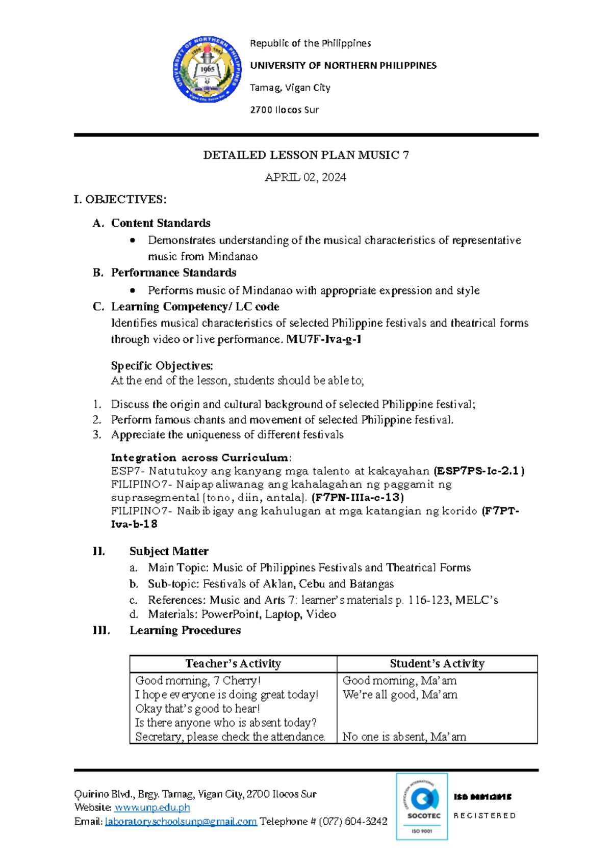 Detailed Lesson PLAN 4th quarter - UNIVERSITY OF NORTHERN PHILIPPINES ...