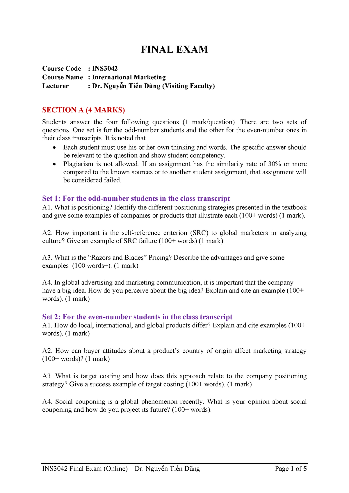 INS3042 International Marketing Nguyen Tien Dung Draft - FINAL EXAM ...