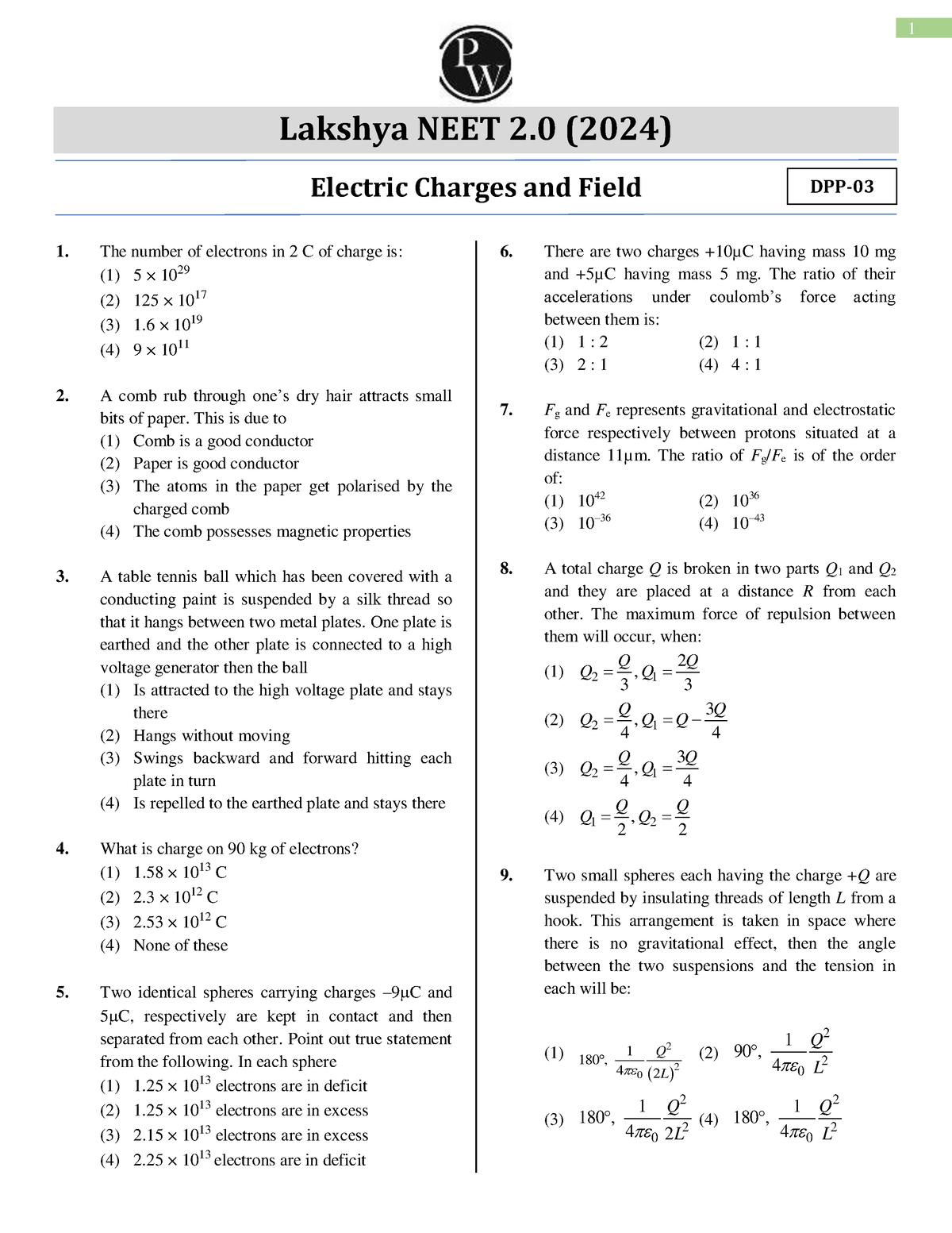 Electric Charges And Field Lakshya Neet Electric Charges