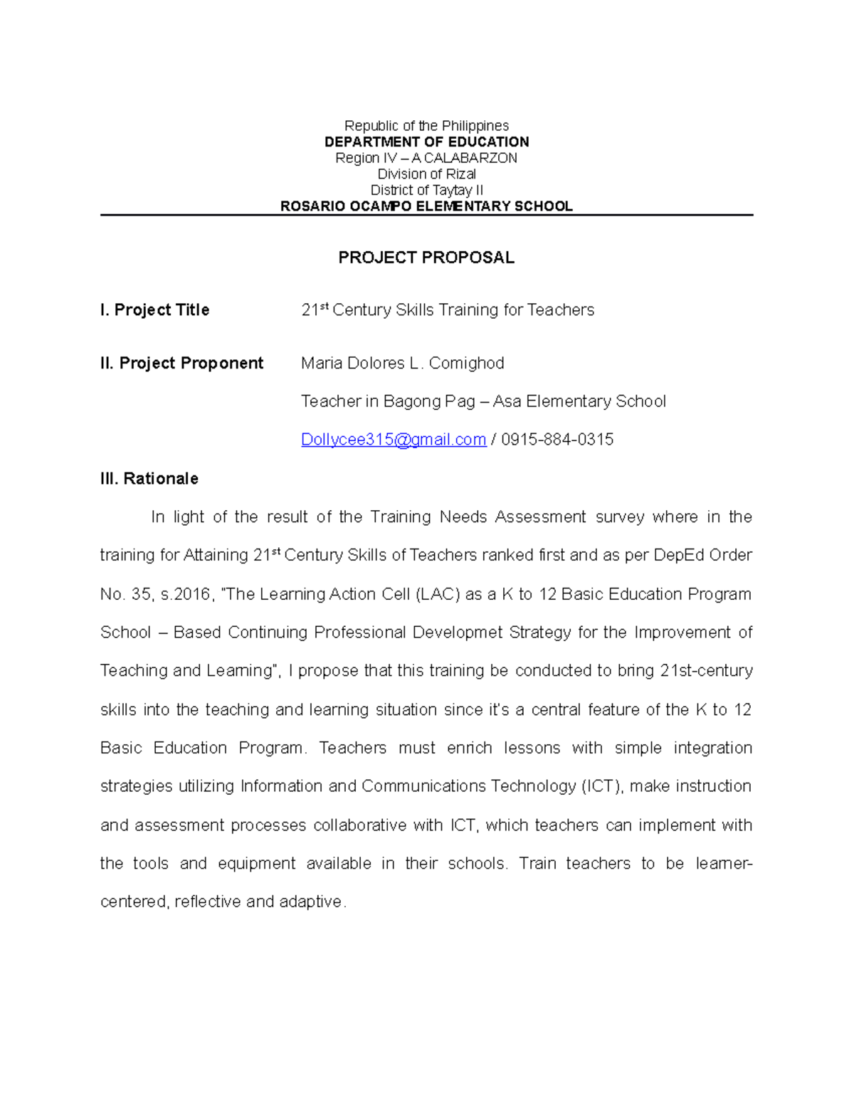 PROJ Proposal - DEPARTMENT OF EDUCATION Republic of the Philippines ...