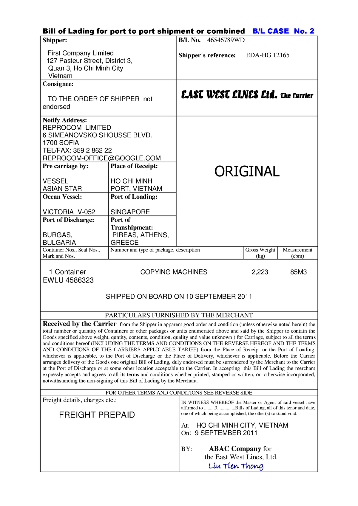 Bill Of Lading - Case No - Bill Of Lading For Port To Port Shipment Or ...